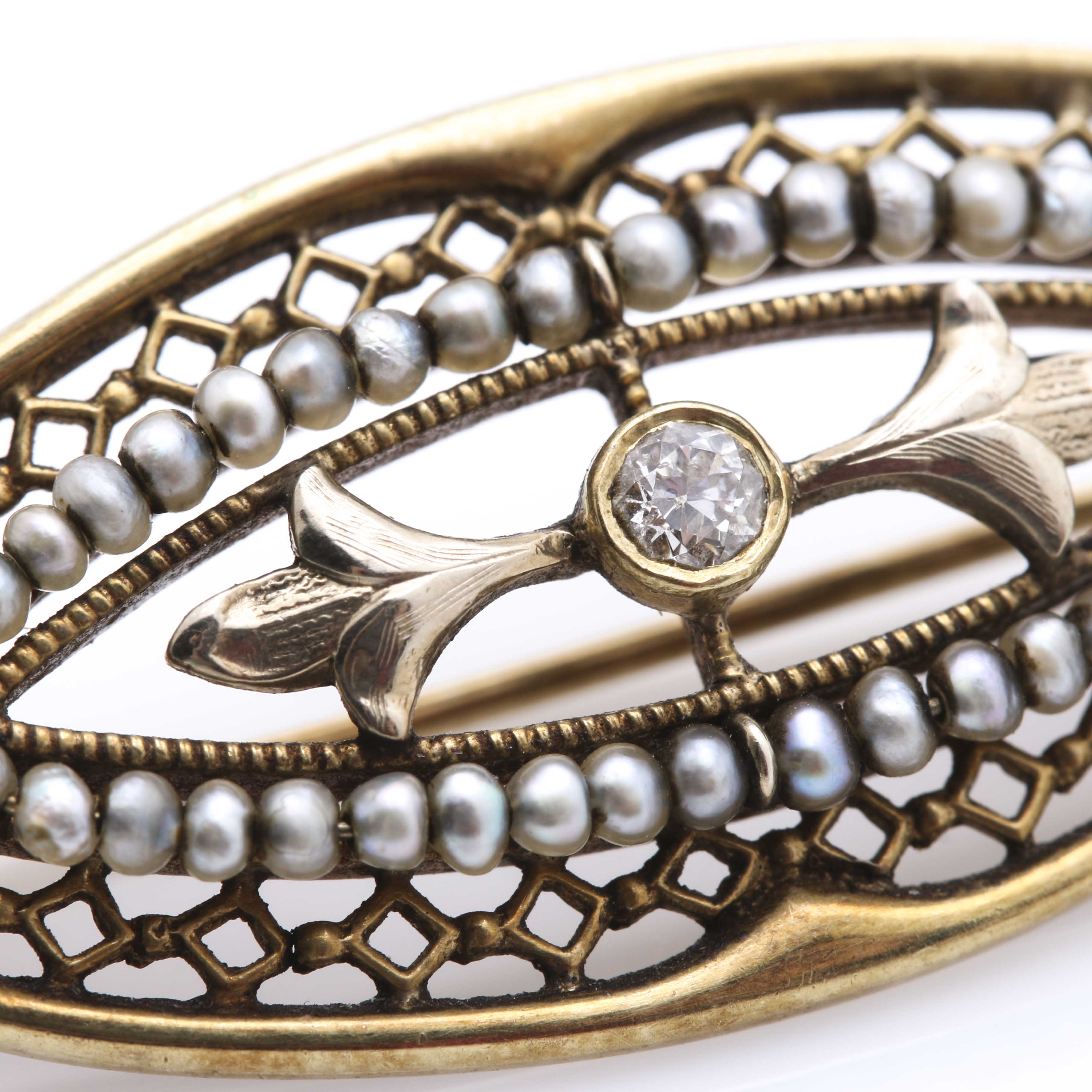 Antique 14K Yellow Gold Diamond and Pearl Pin