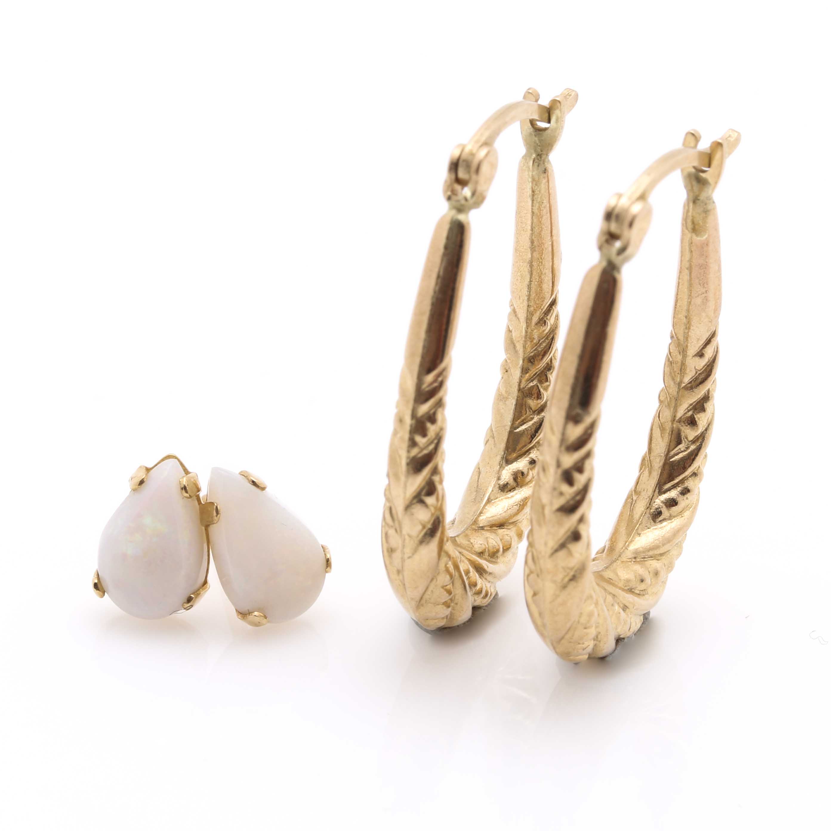 14K Yellow Gold Hoop Earrings and Opal Stud Earrings
