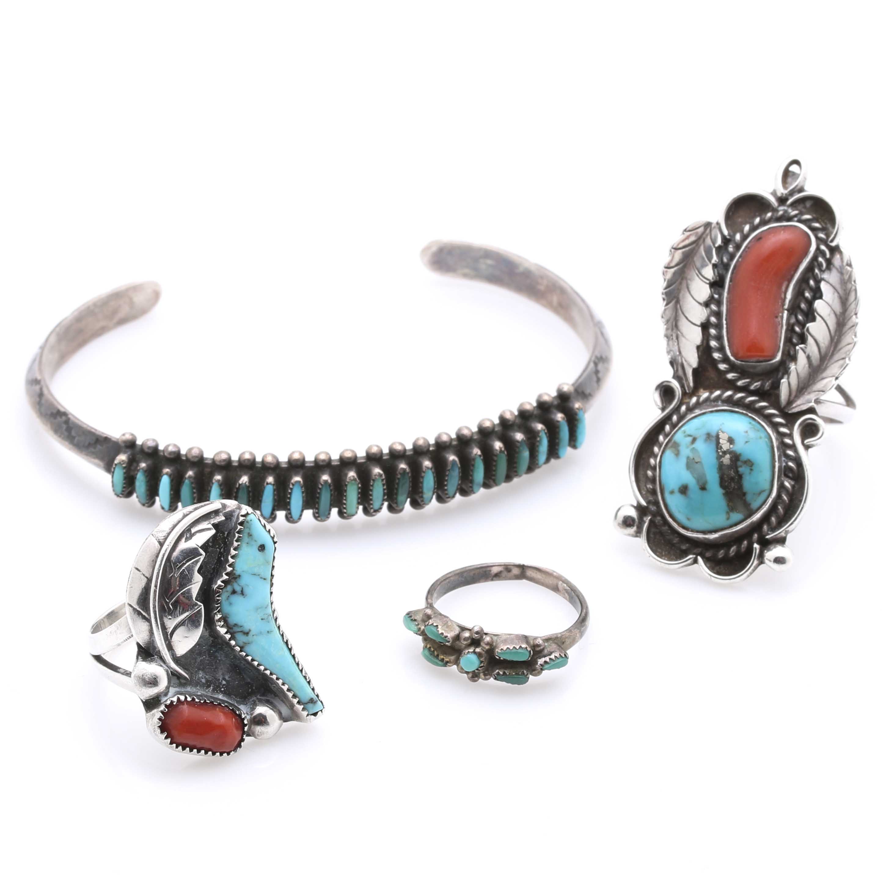 Native American Style Sterling Turquoise and Coral Jewelry