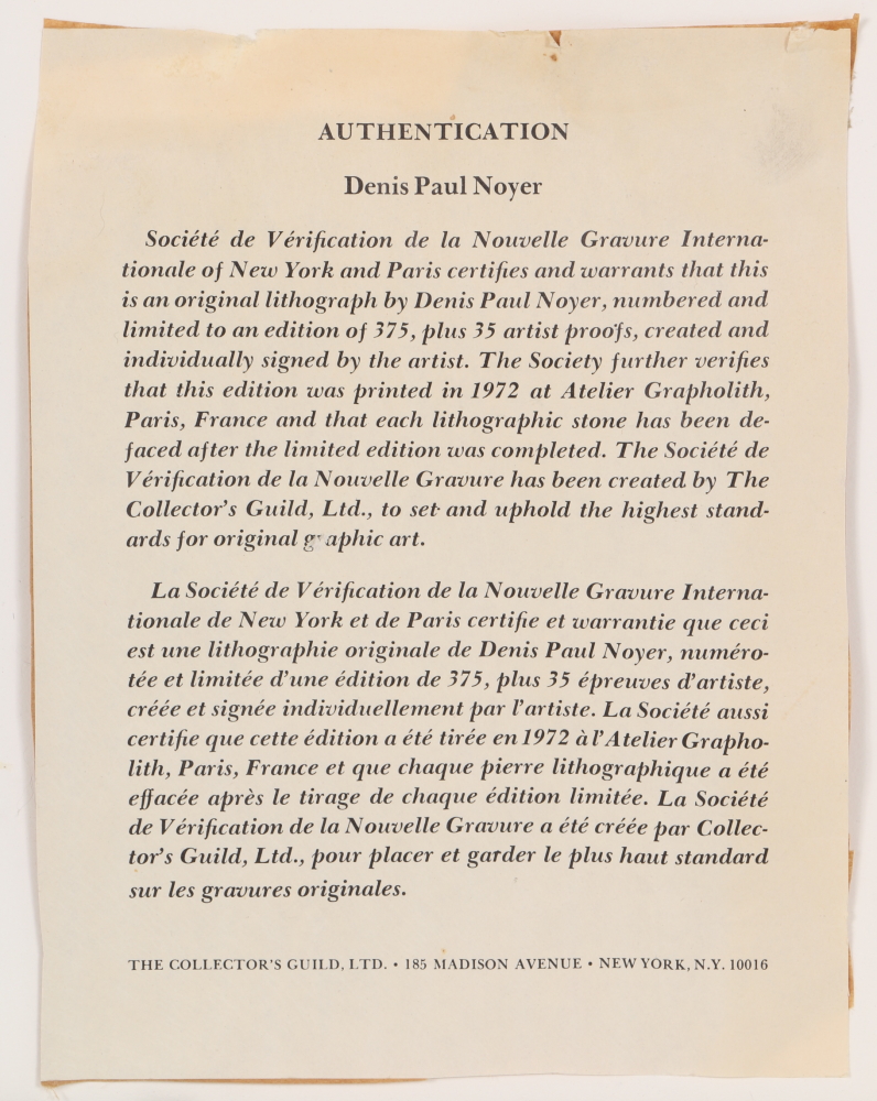 Denis Paul Noyer Limited Edition Signed Colored Lithograph