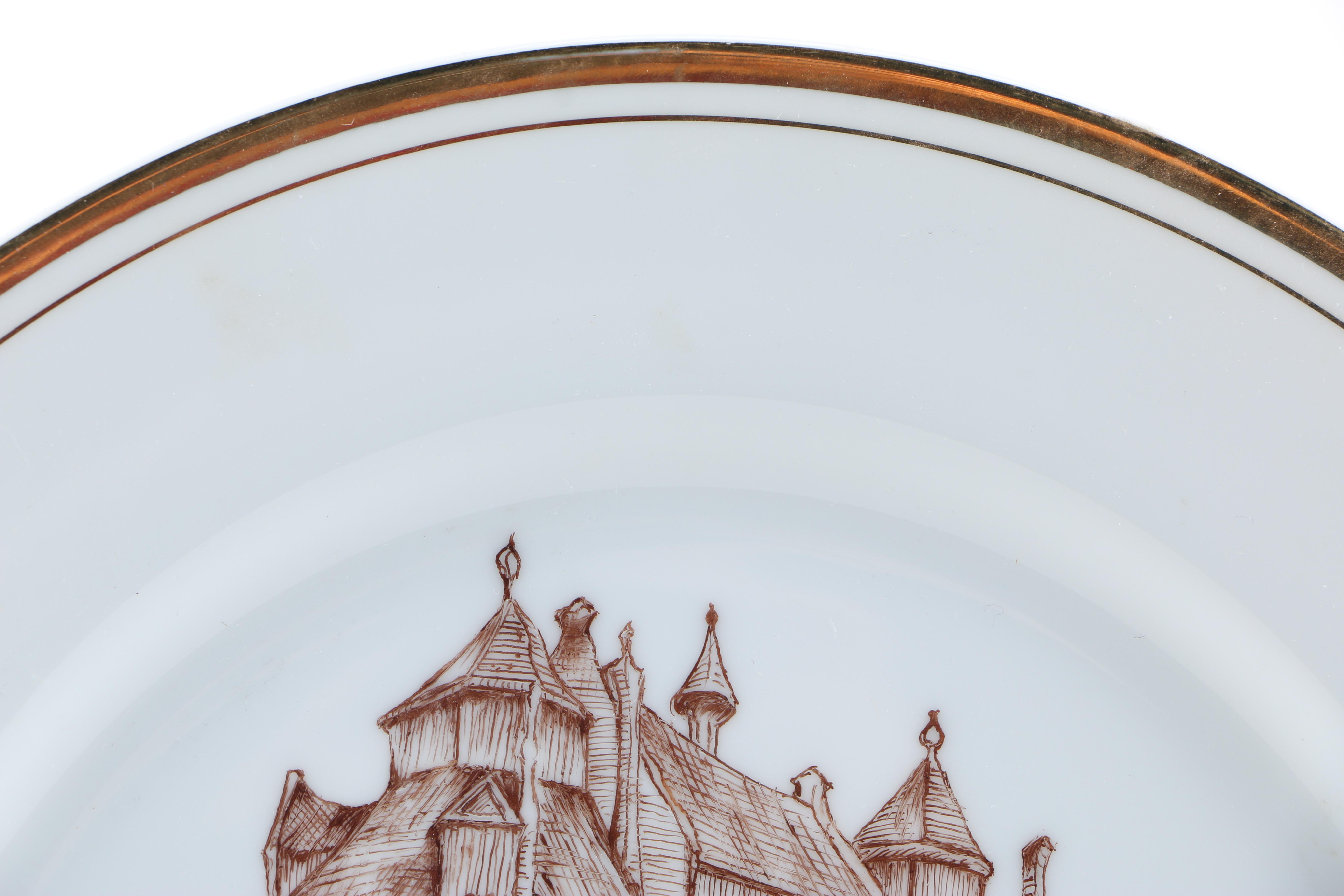 Enameled Paintings of Flemish Landmarks on Porcelain Plates