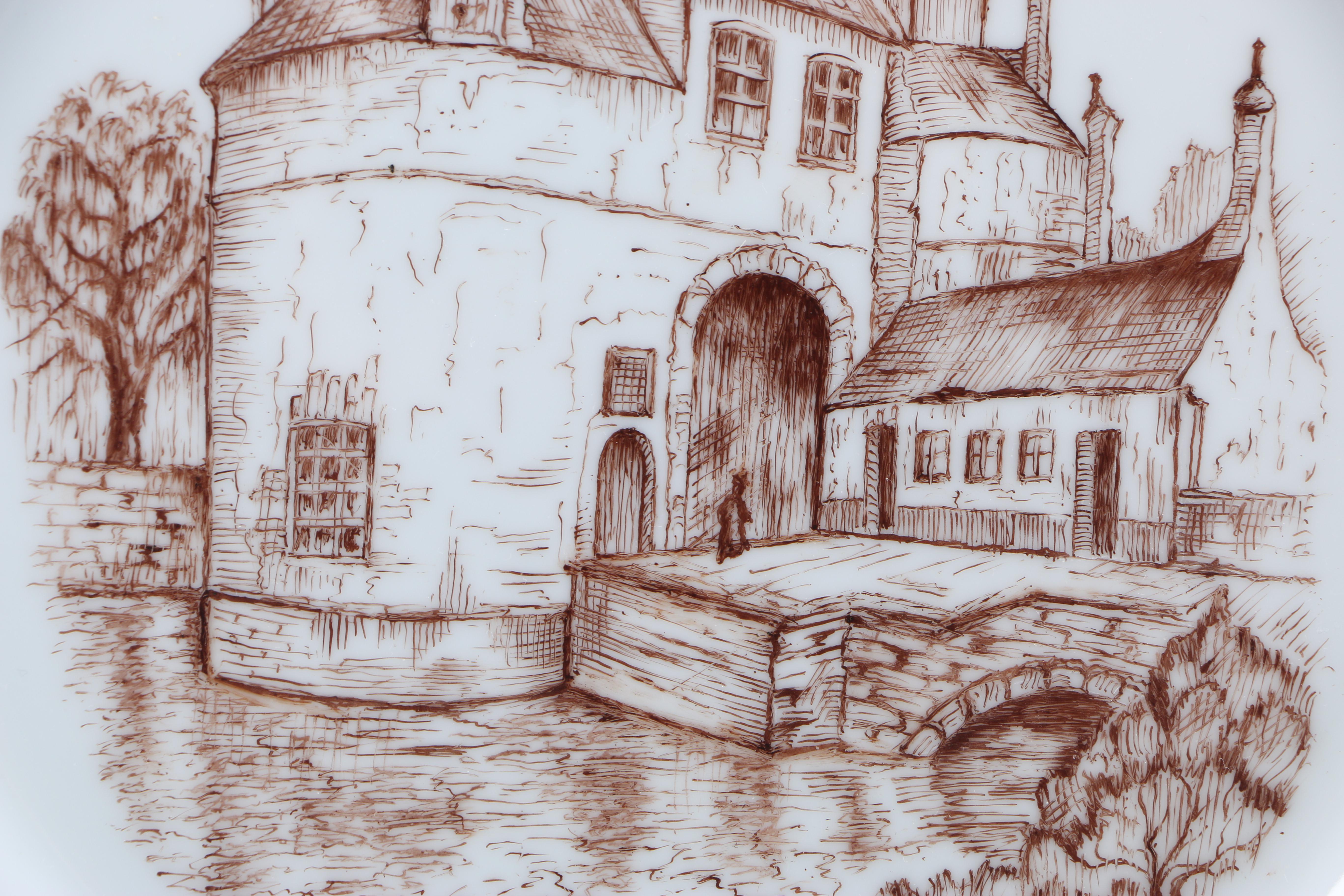 Enameled Paintings of Flemish Landmarks on Porcelain Plates