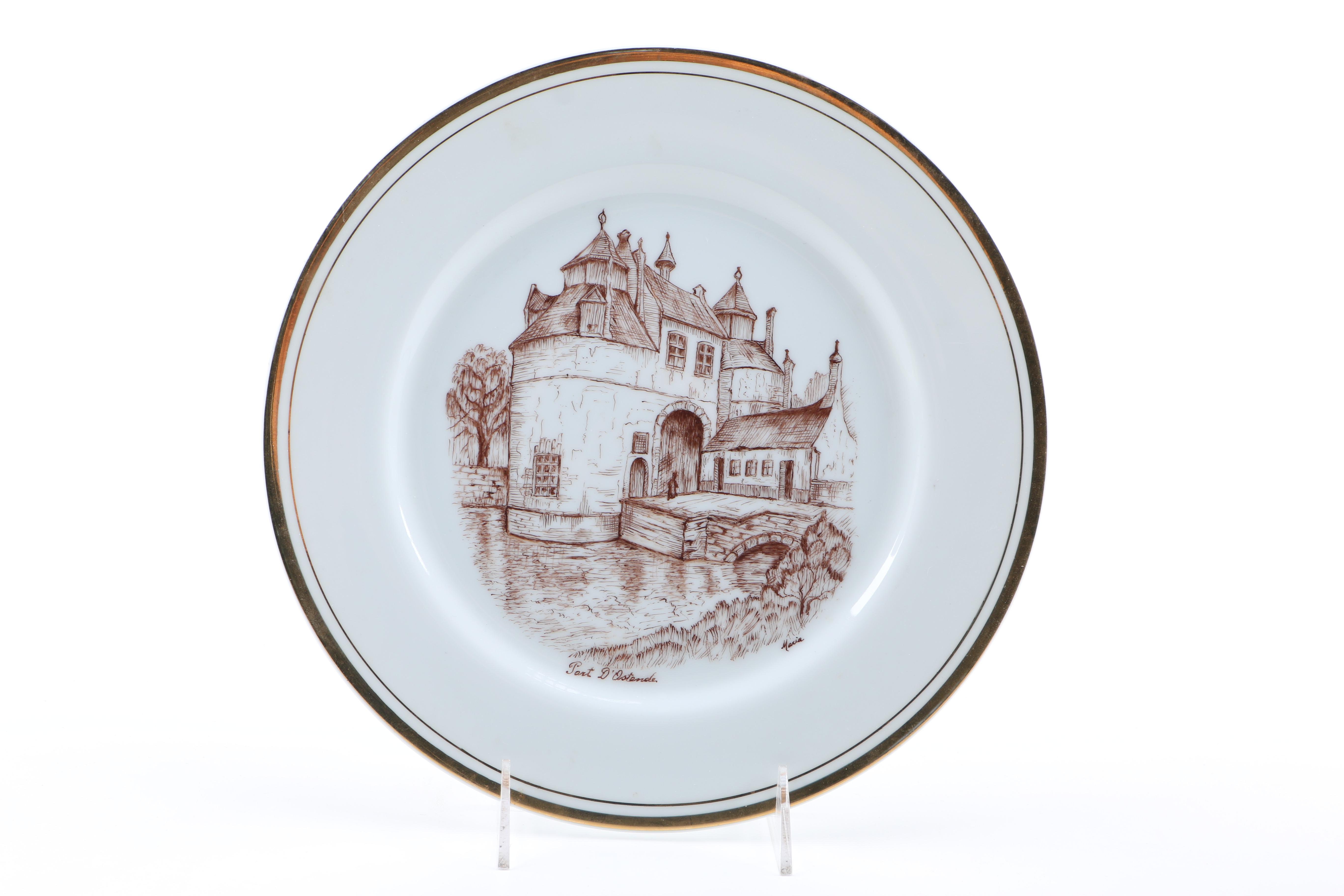 Enameled Paintings of Flemish Landmarks on Porcelain Plates