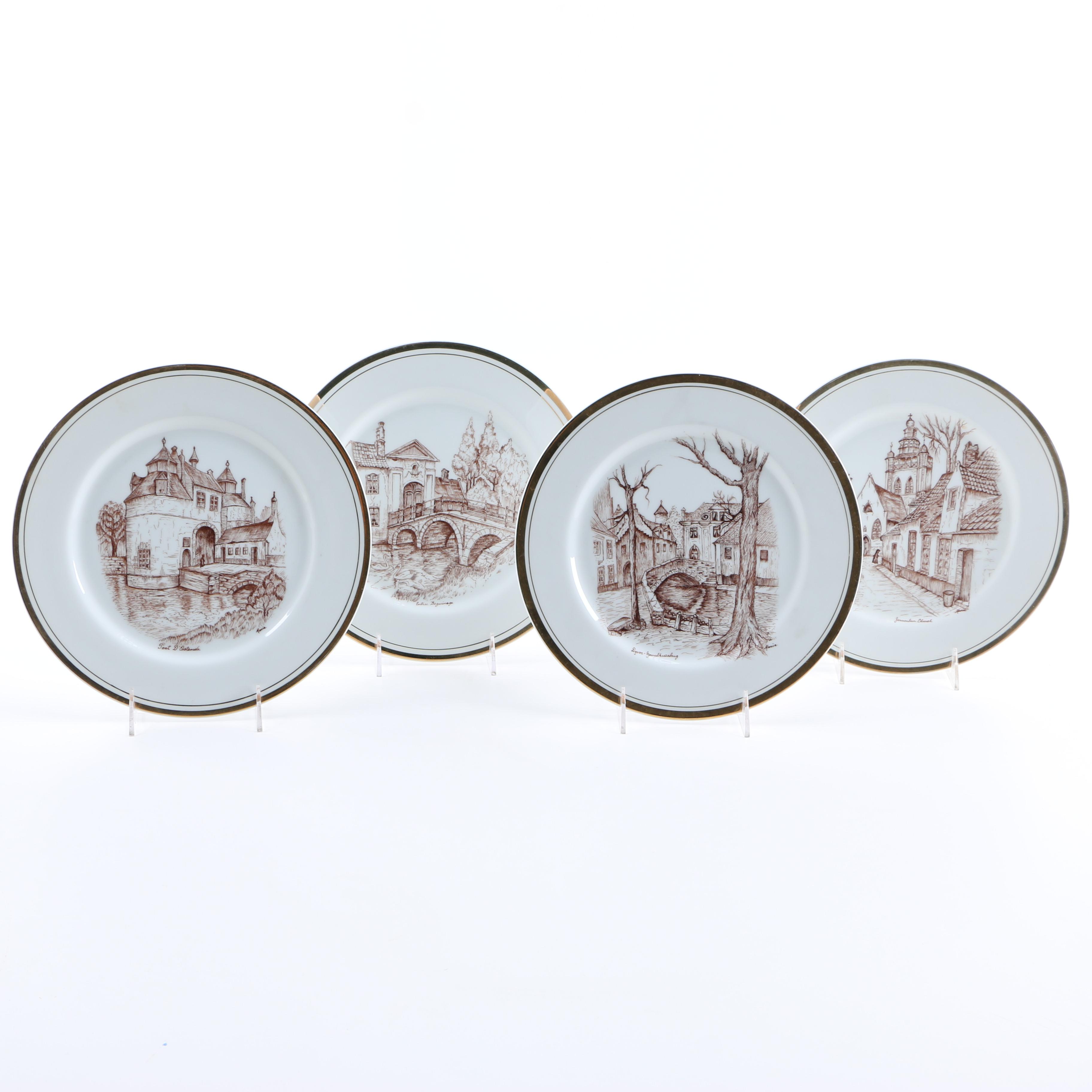 Enameled Paintings of Flemish Landmarks on Porcelain Plates