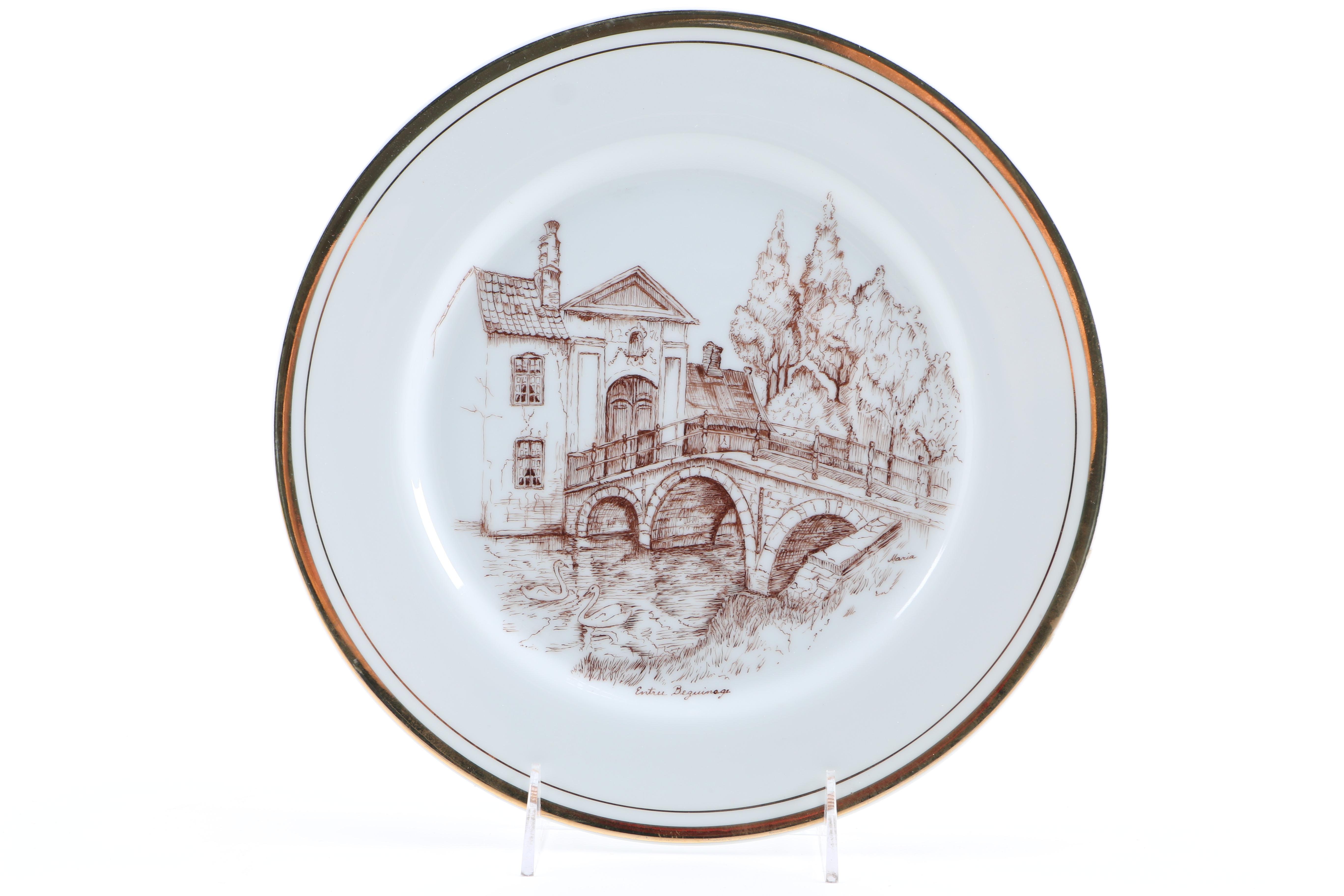 Enameled Paintings of Flemish Landmarks on Porcelain Plates