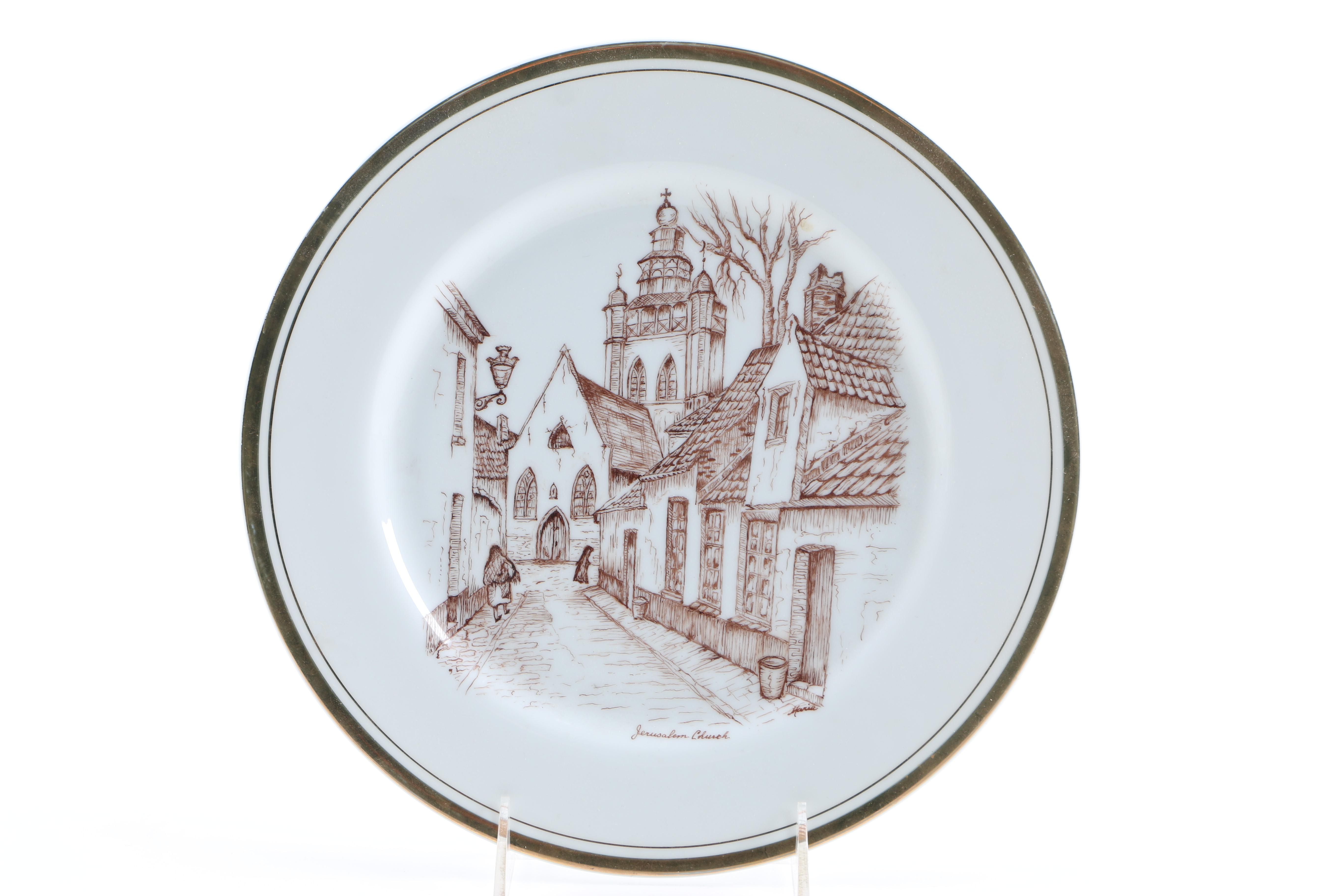 Enameled Paintings of Flemish Landmarks on Porcelain Plates