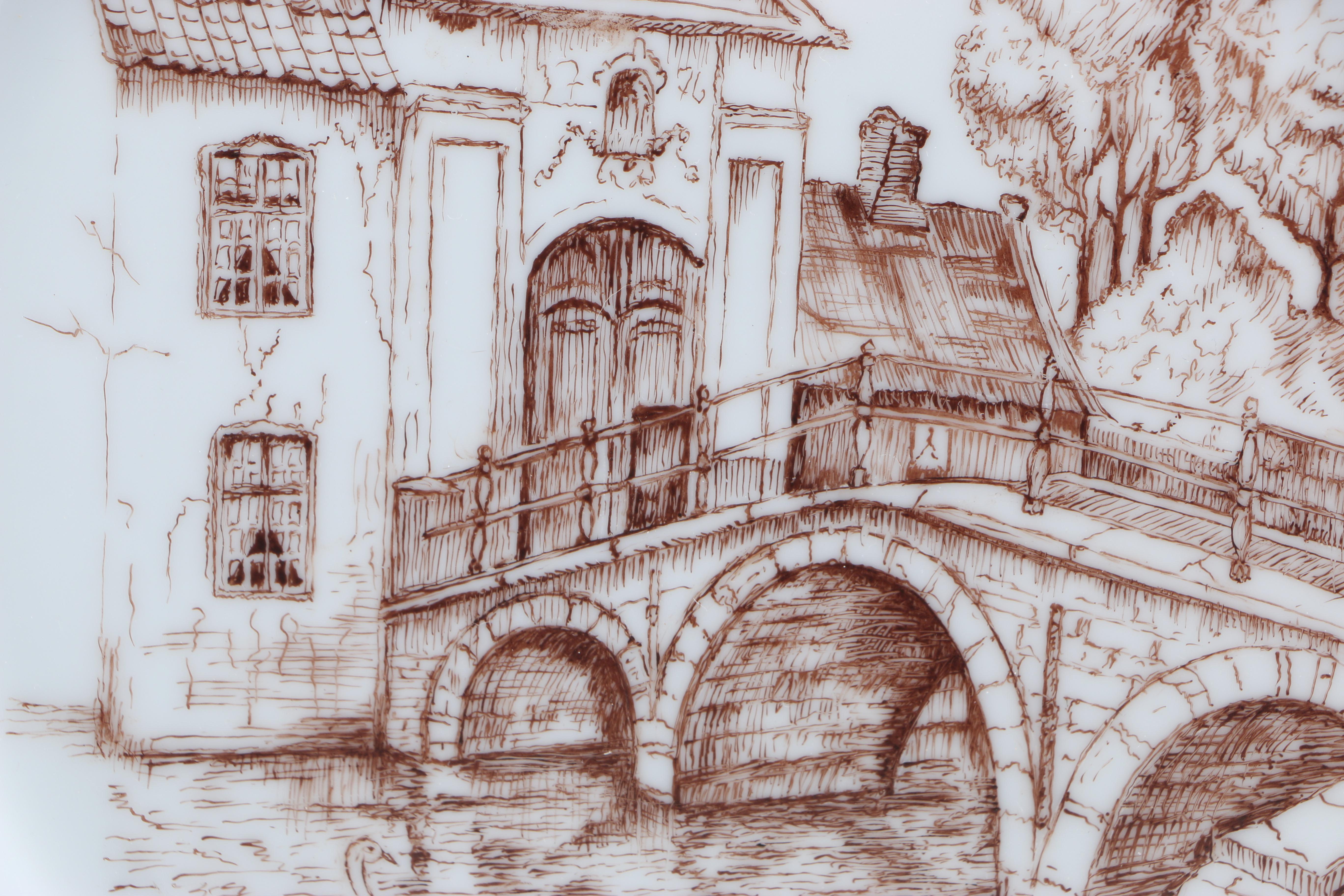 Enameled Paintings of Flemish Landmarks on Porcelain Plates