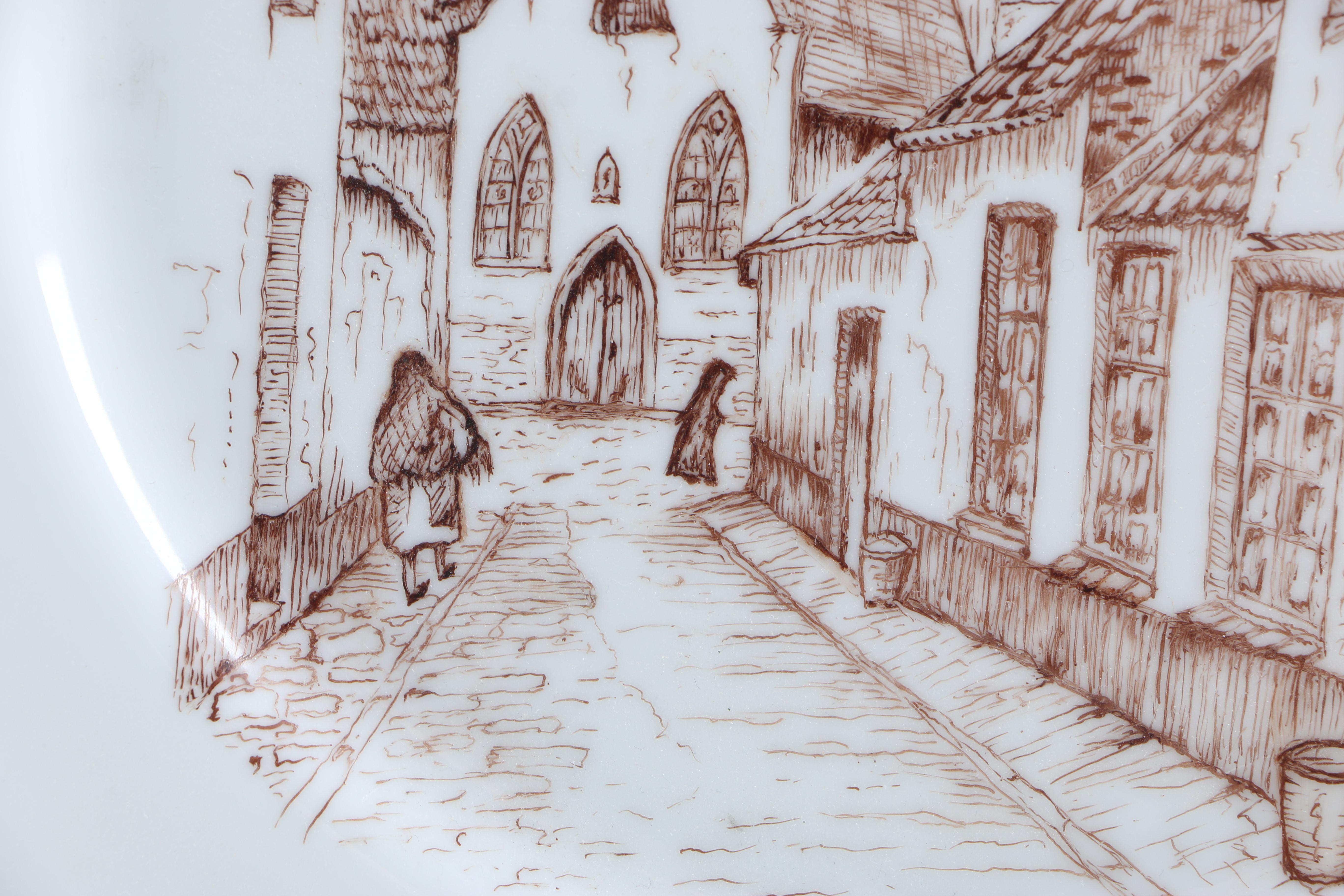 Enameled Paintings of Flemish Landmarks on Porcelain Plates