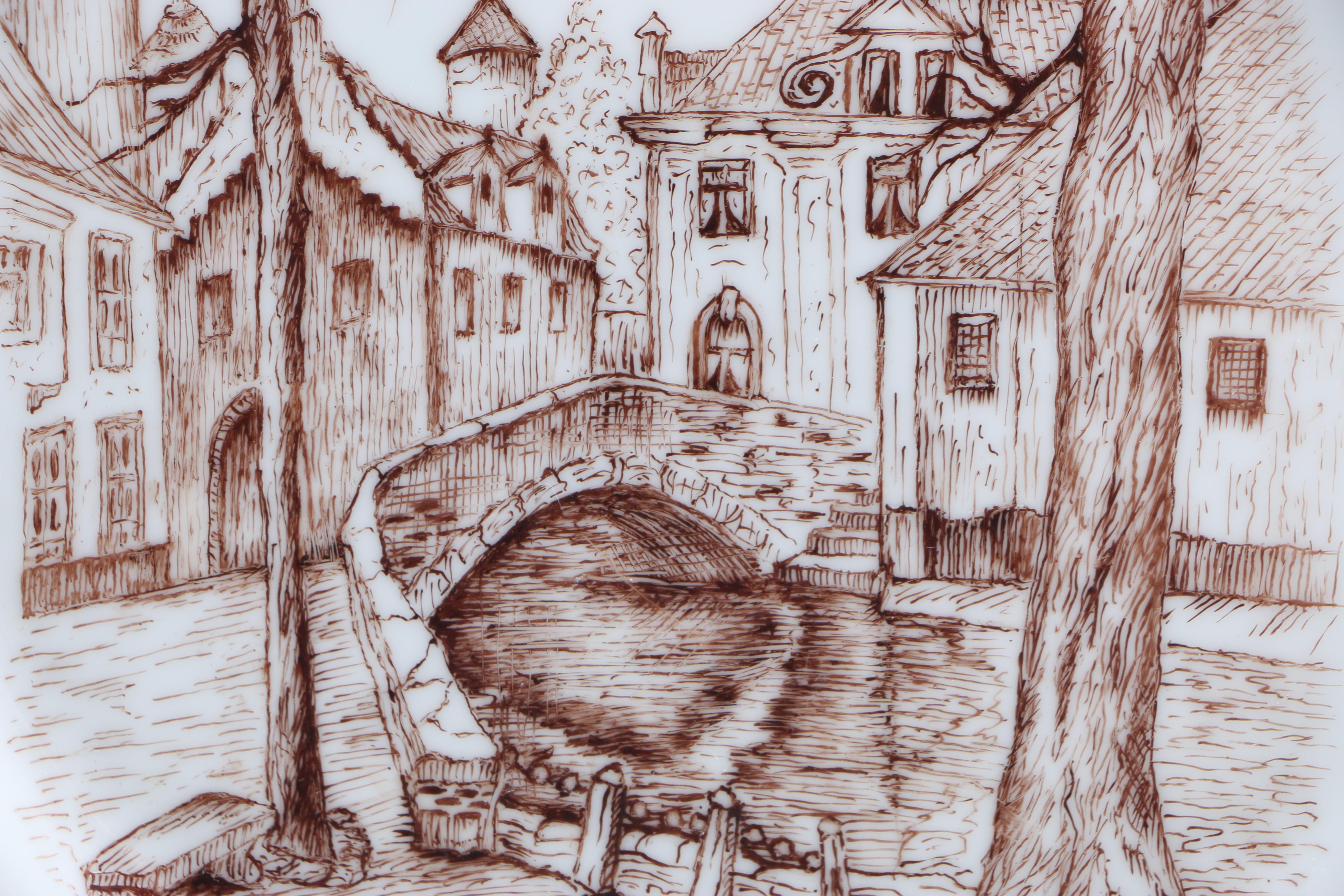 Enameled Paintings of Flemish Landmarks on Porcelain Plates