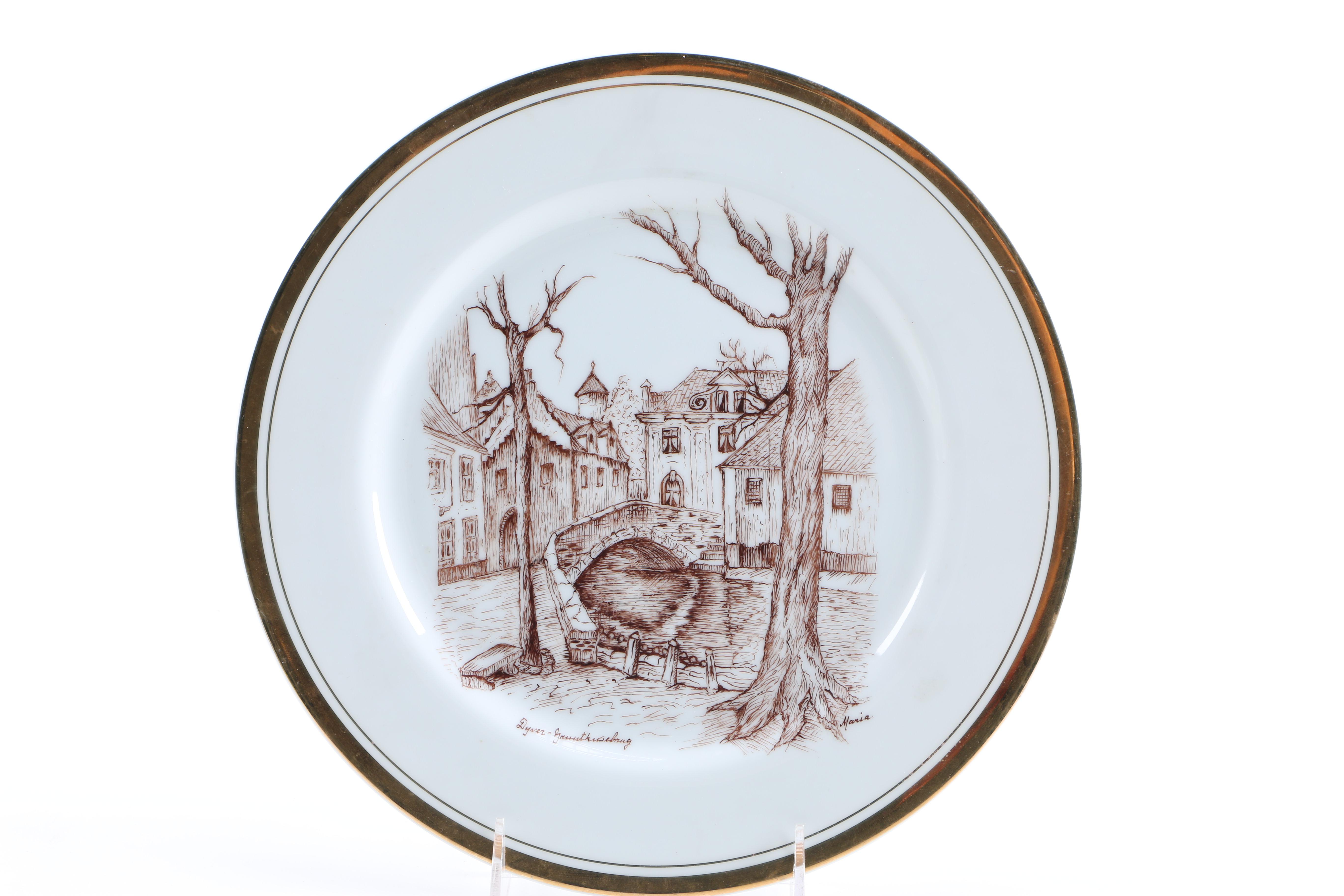 Enameled Paintings of Flemish Landmarks on Porcelain Plates