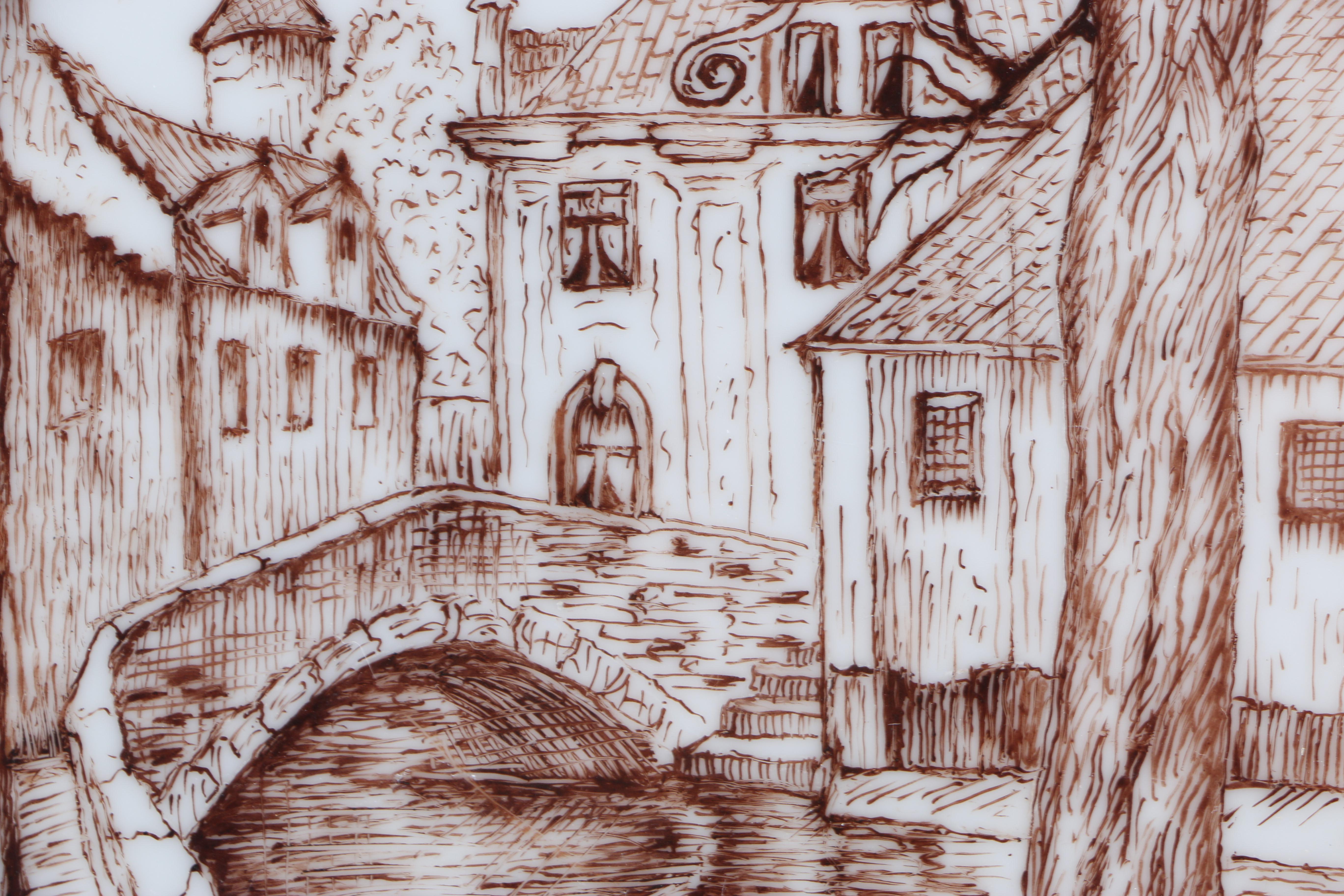 Enameled Paintings of Flemish Landmarks on Porcelain Plates