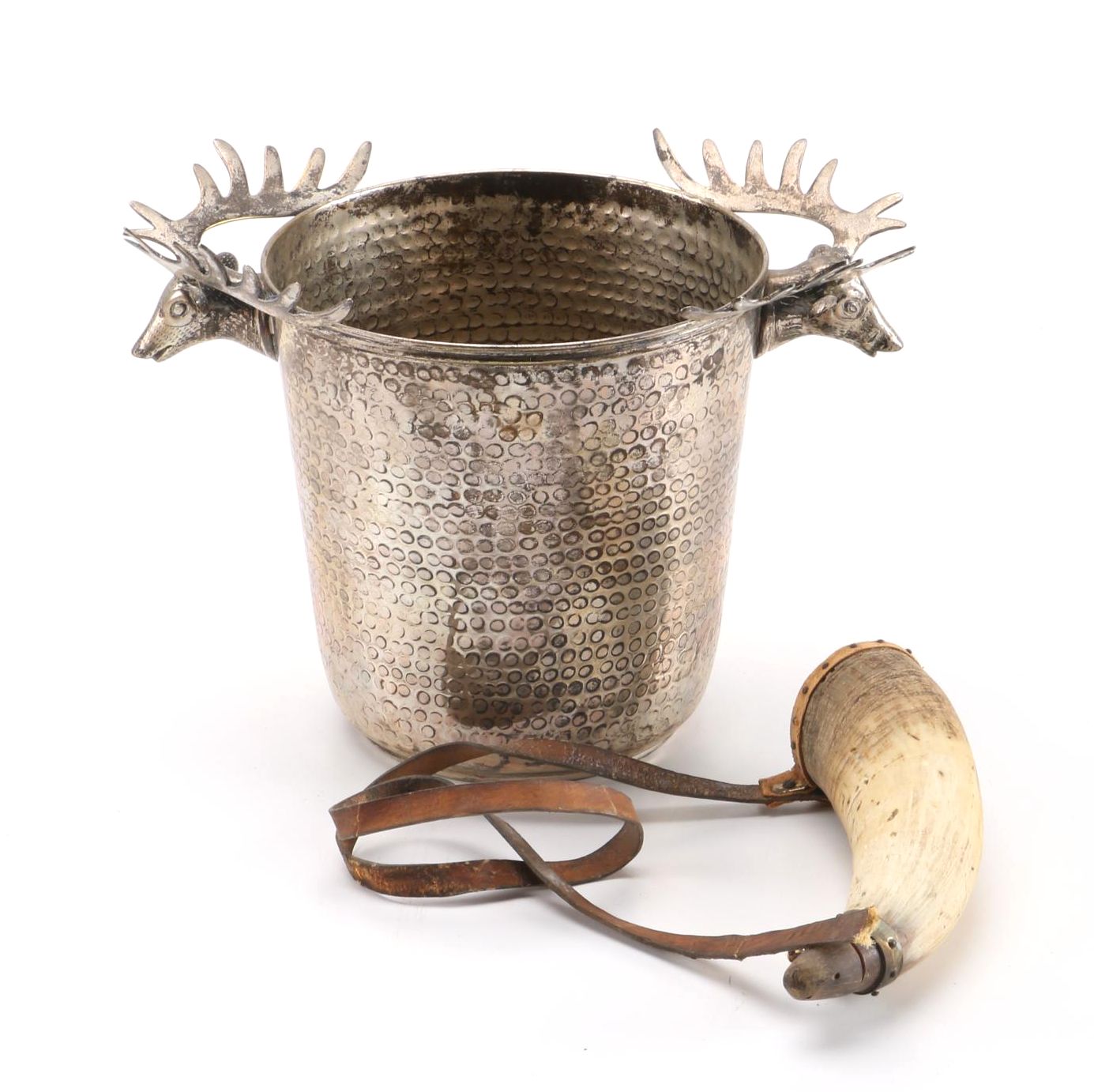 19th Century Powder Horn and Silver Plate Stag Ice Bucket