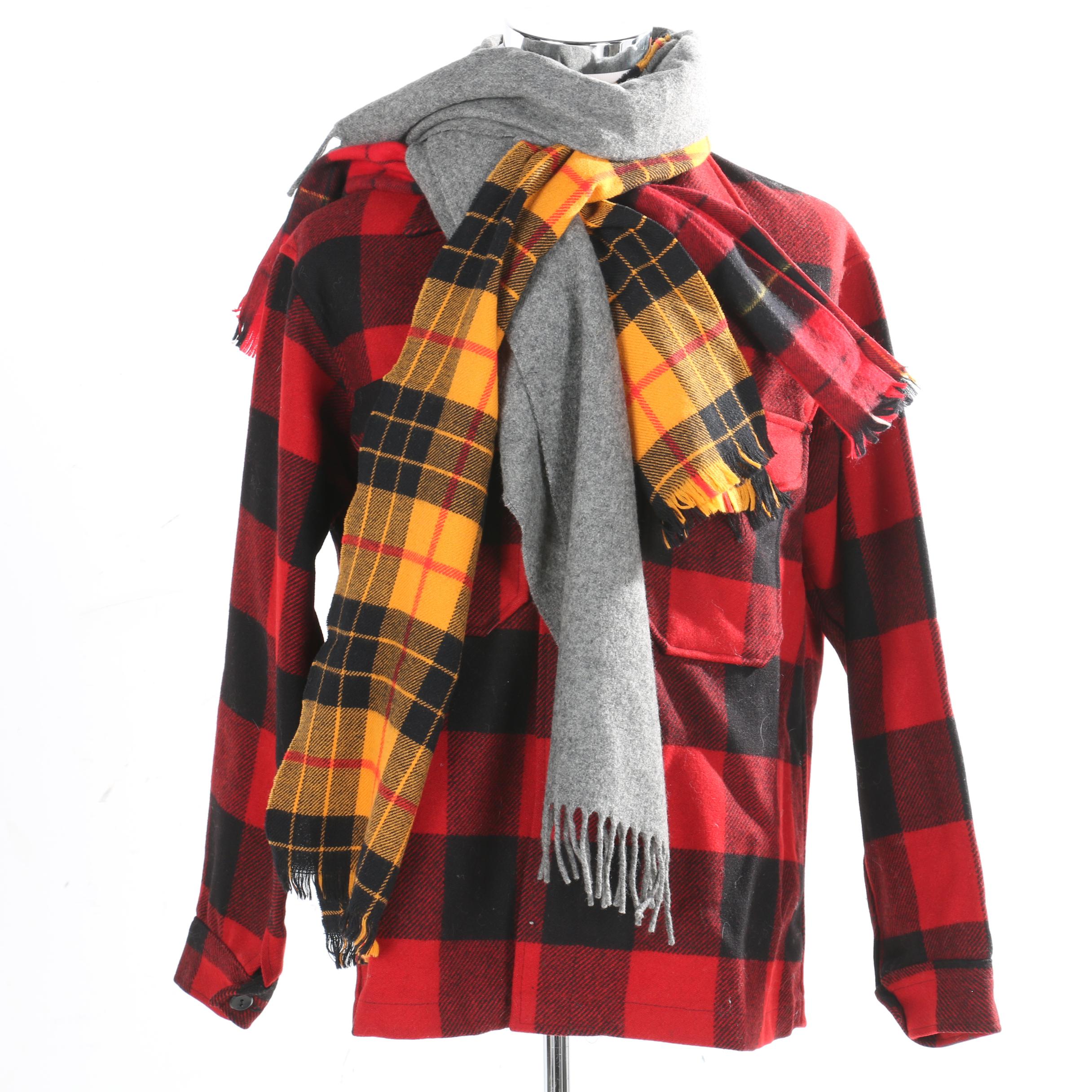 Pendelton Red and Black Plaid Wool Jacket and Various Scarves