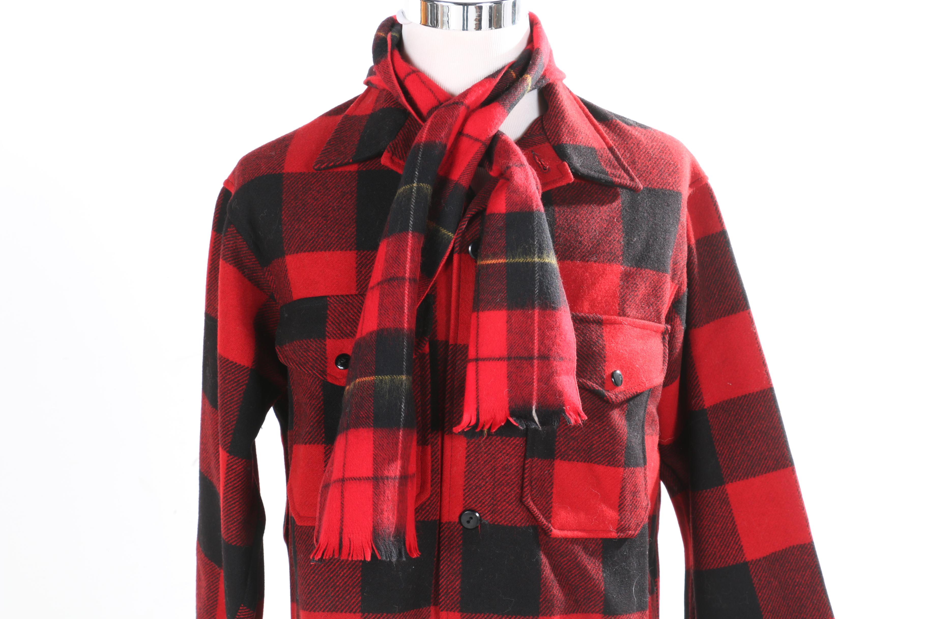 Pendelton Red and Black Plaid Wool Jacket and Various Scarves