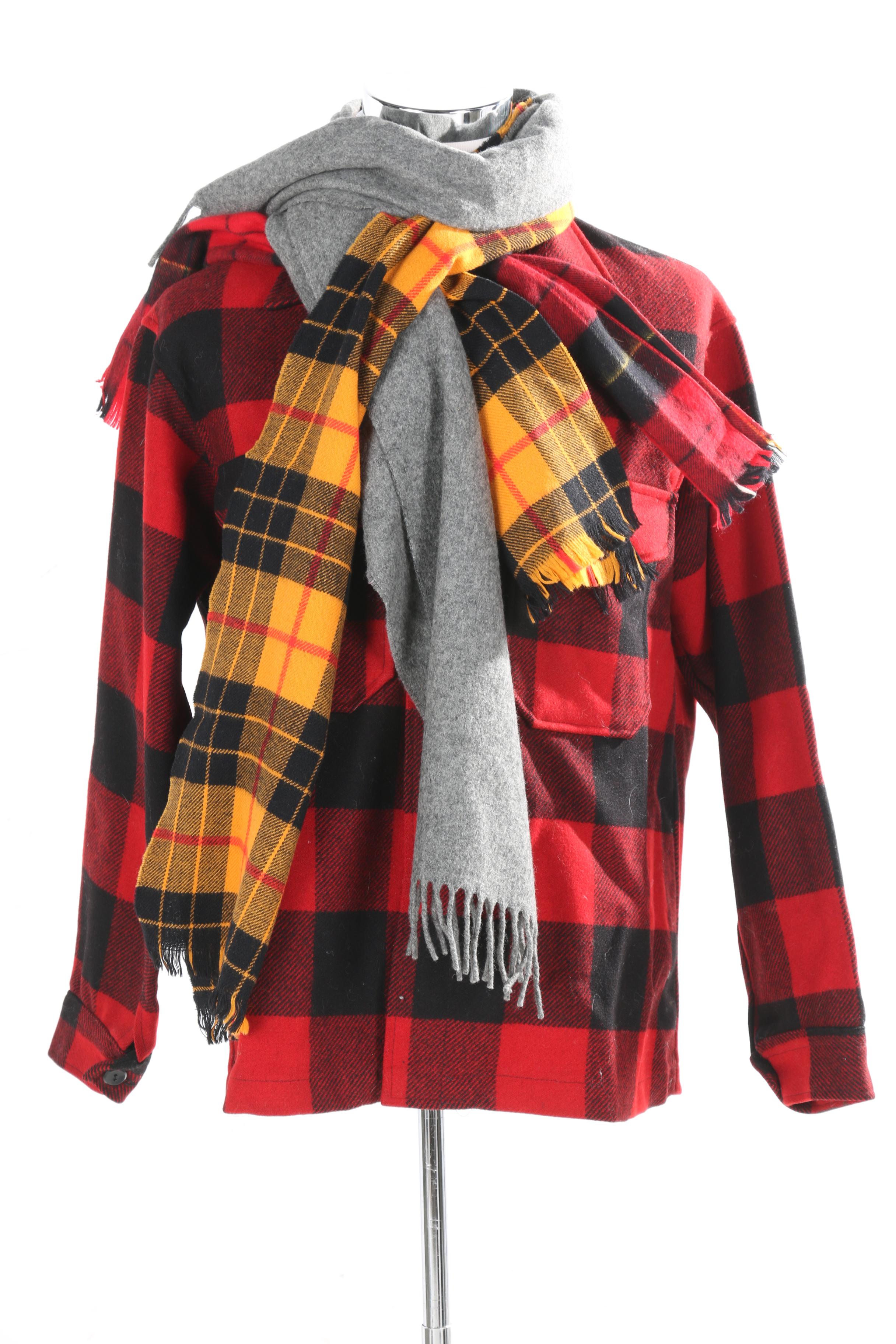 Pendelton Red and Black Plaid Wool Jacket and Various Scarves