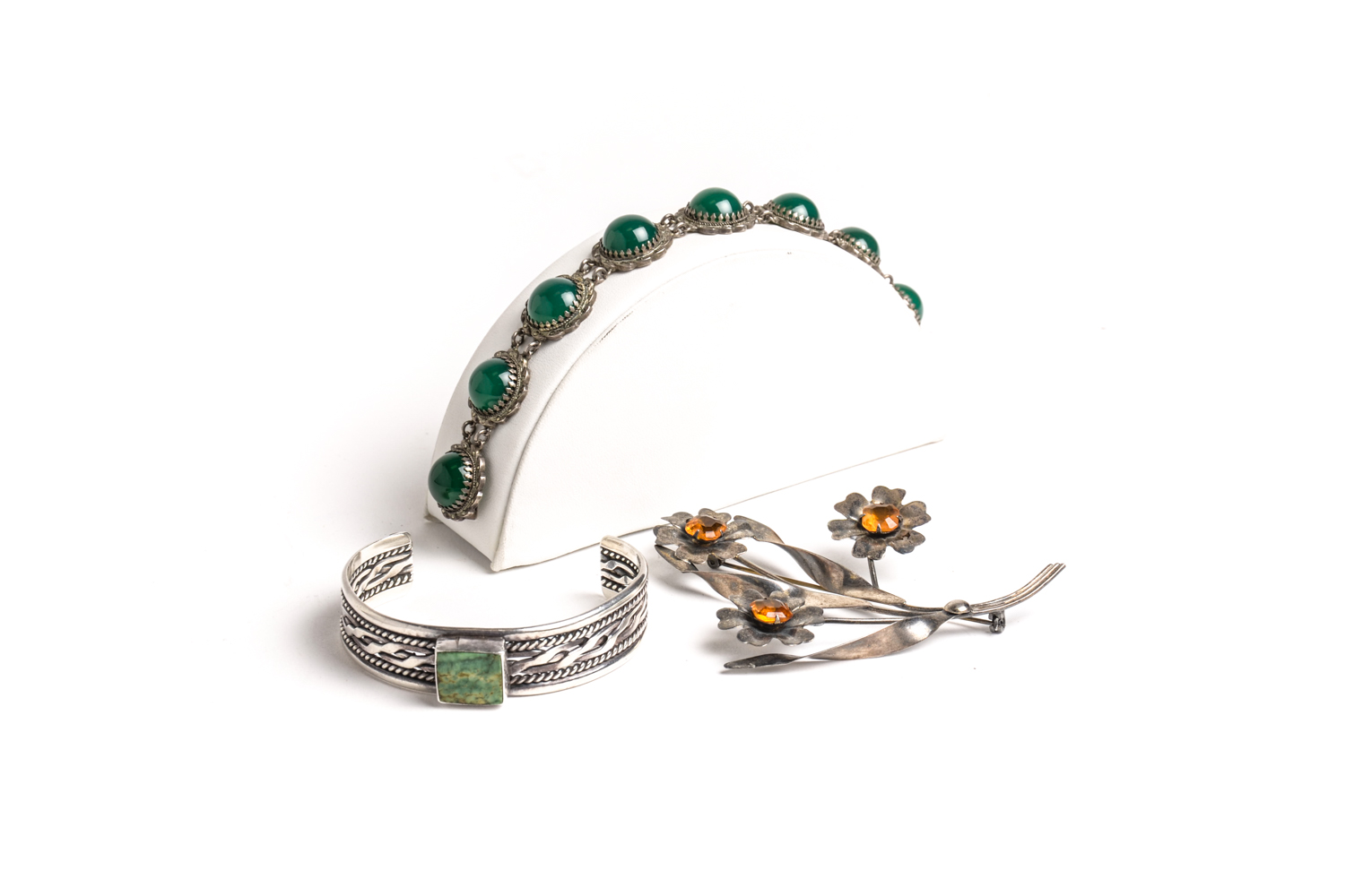Pair of Sterling Bracelets and Floral Brooch