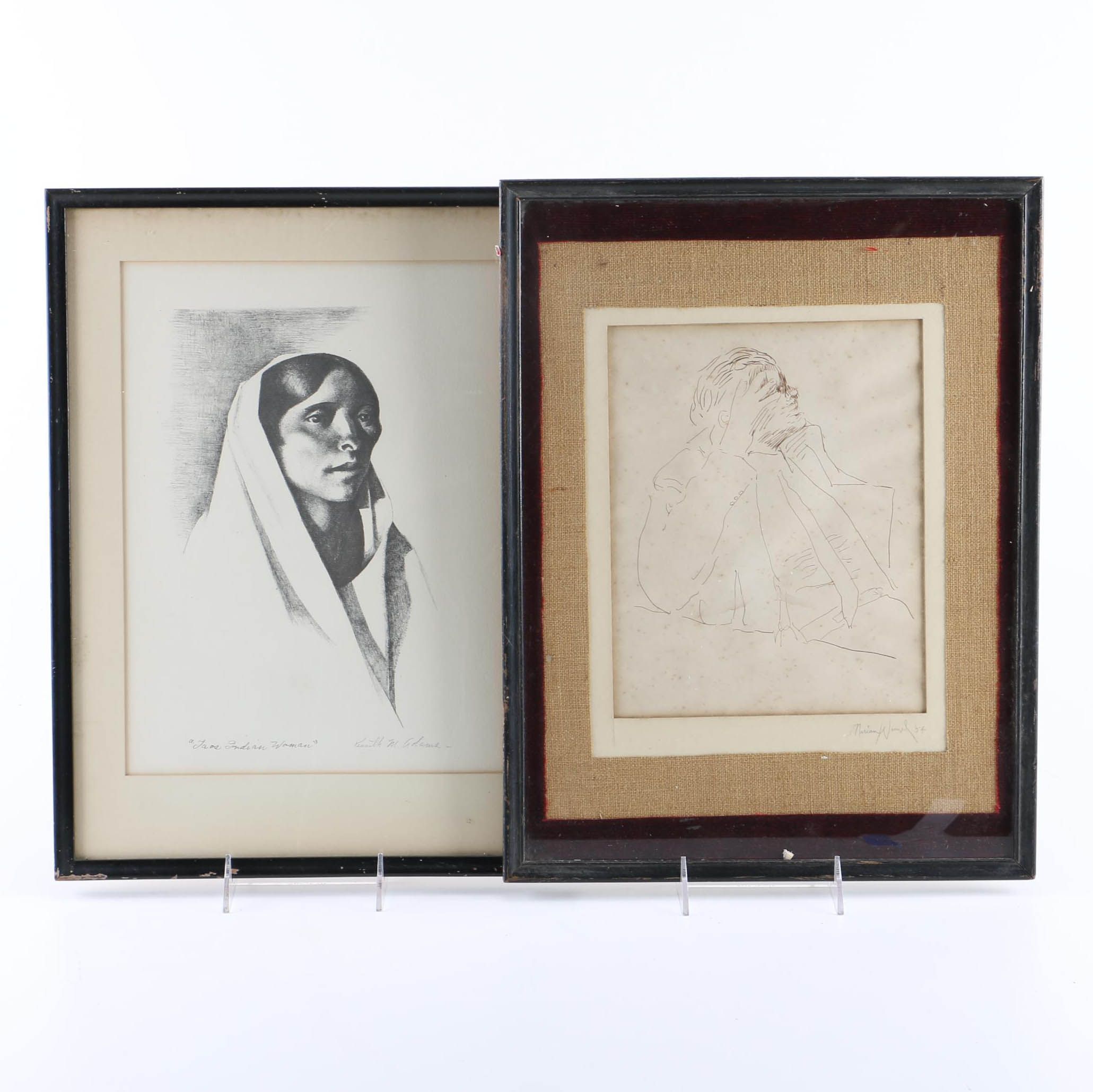1954 Marian B. Wenzel Drawing "Seated Man" and After Kenneth Miller Adams Print