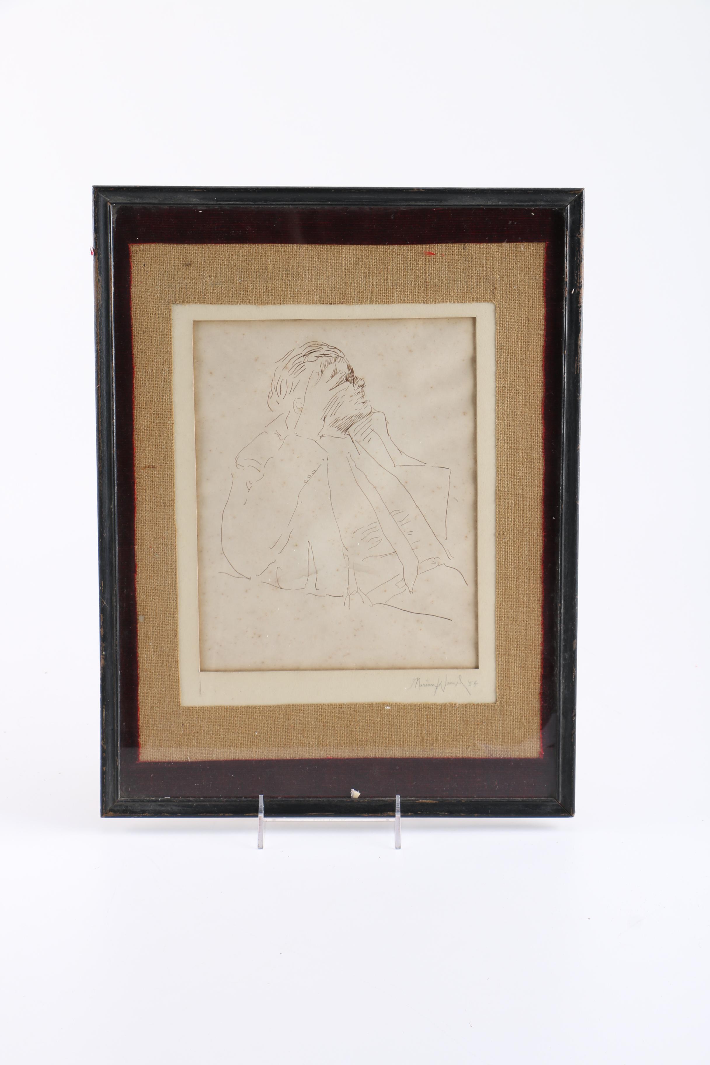 1954 Marian B. Wenzel Drawing "Seated Man" and After Kenneth Miller Adams Print