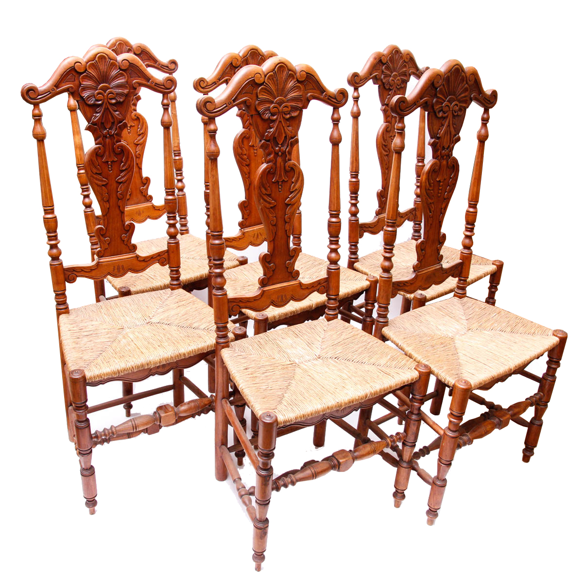 Six Queen Anne-Inspired Rush Seat Chairs