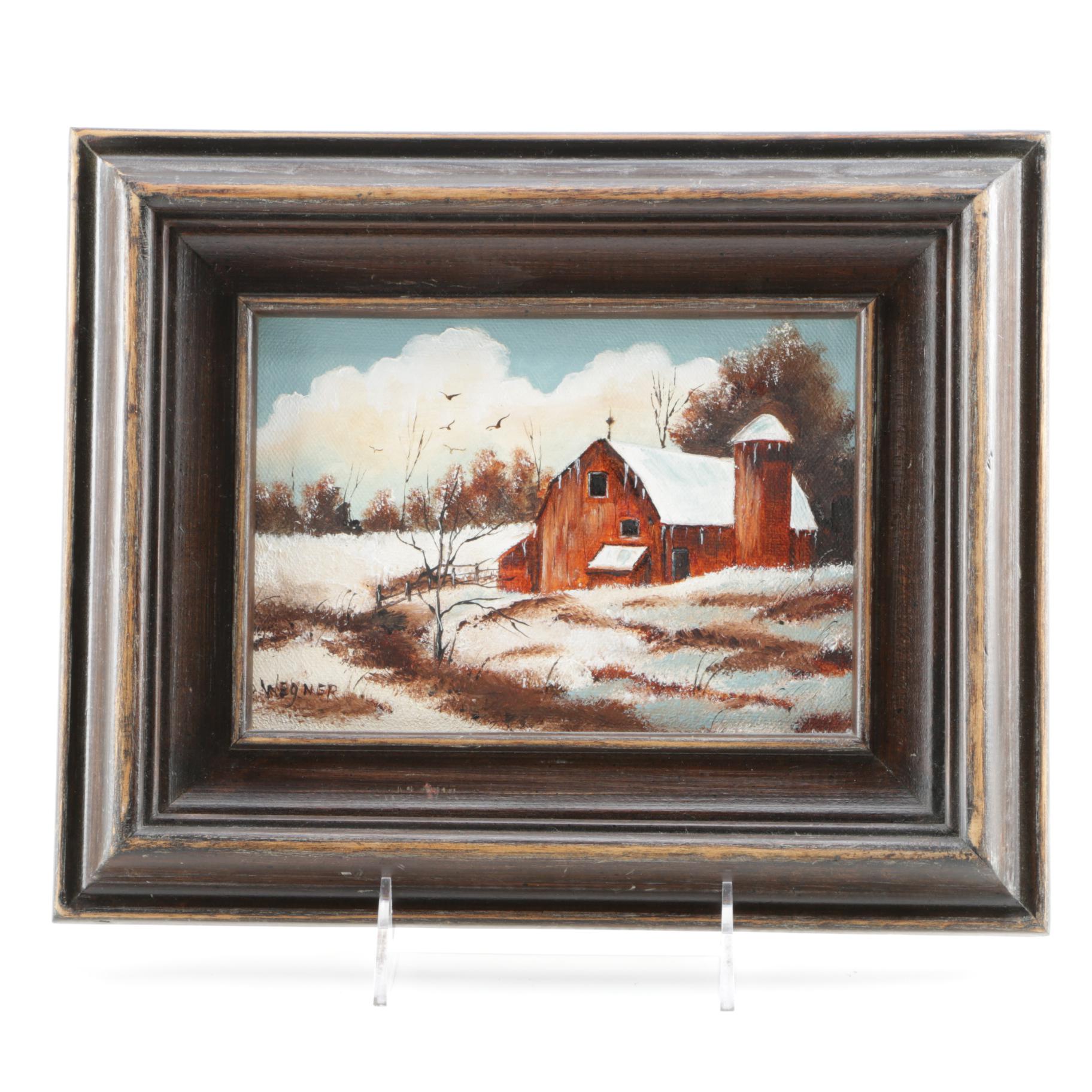 Wegner Oil Painting on Canvas of Barn in WInter