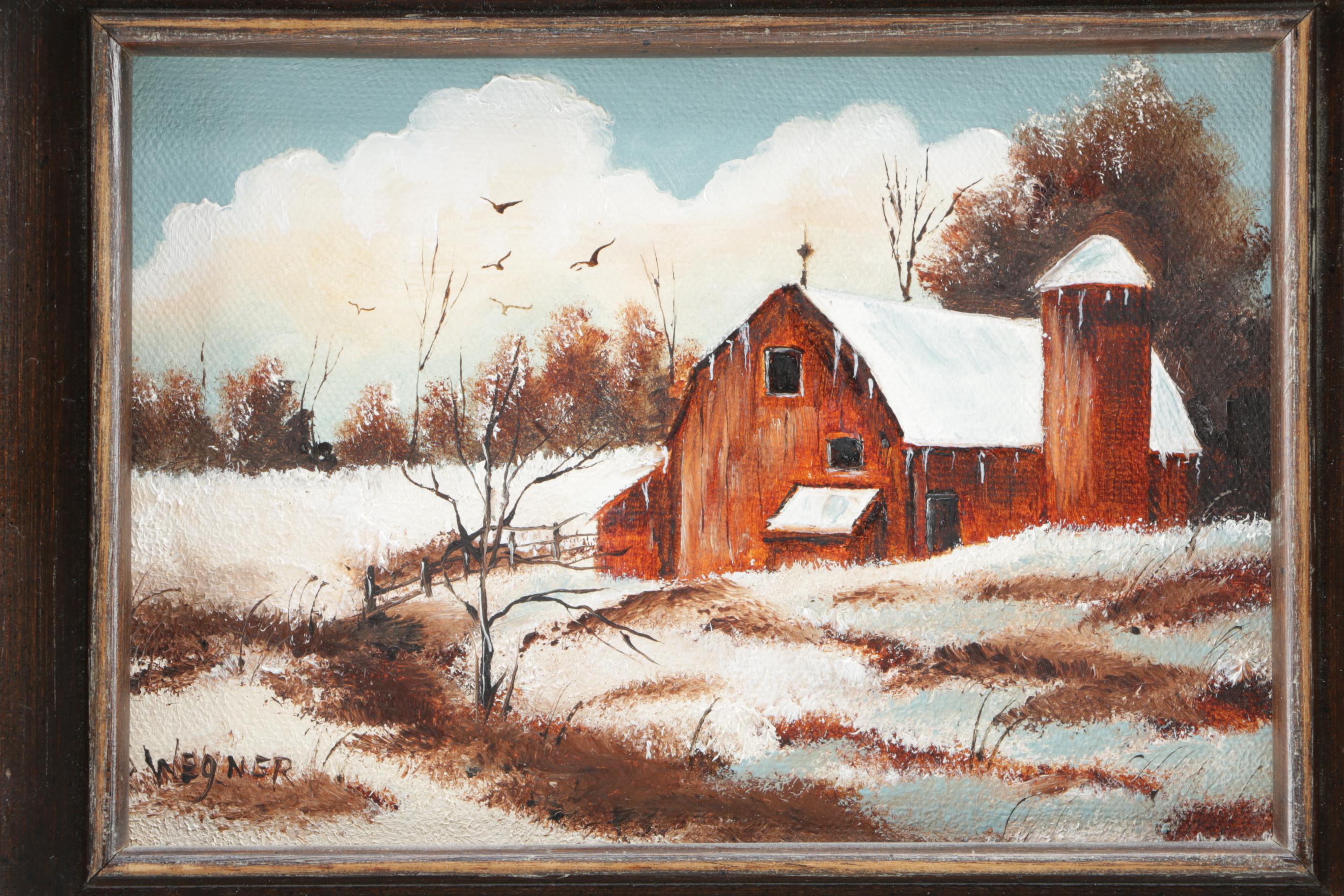 Wegner Oil Painting on Canvas of Barn in WInter