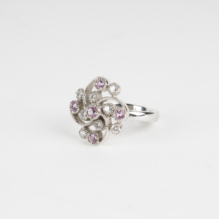 14K White Gold Diamond and Pink Sapphire Ring