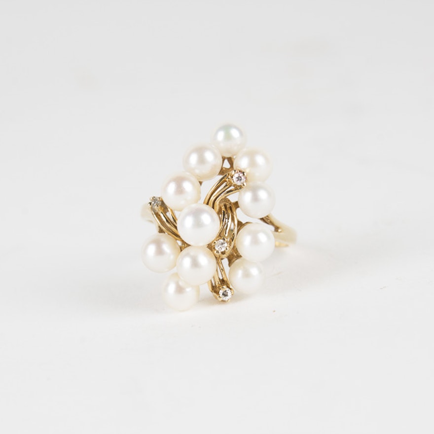 14K Yellow Gold Diamond and Pearl Ring