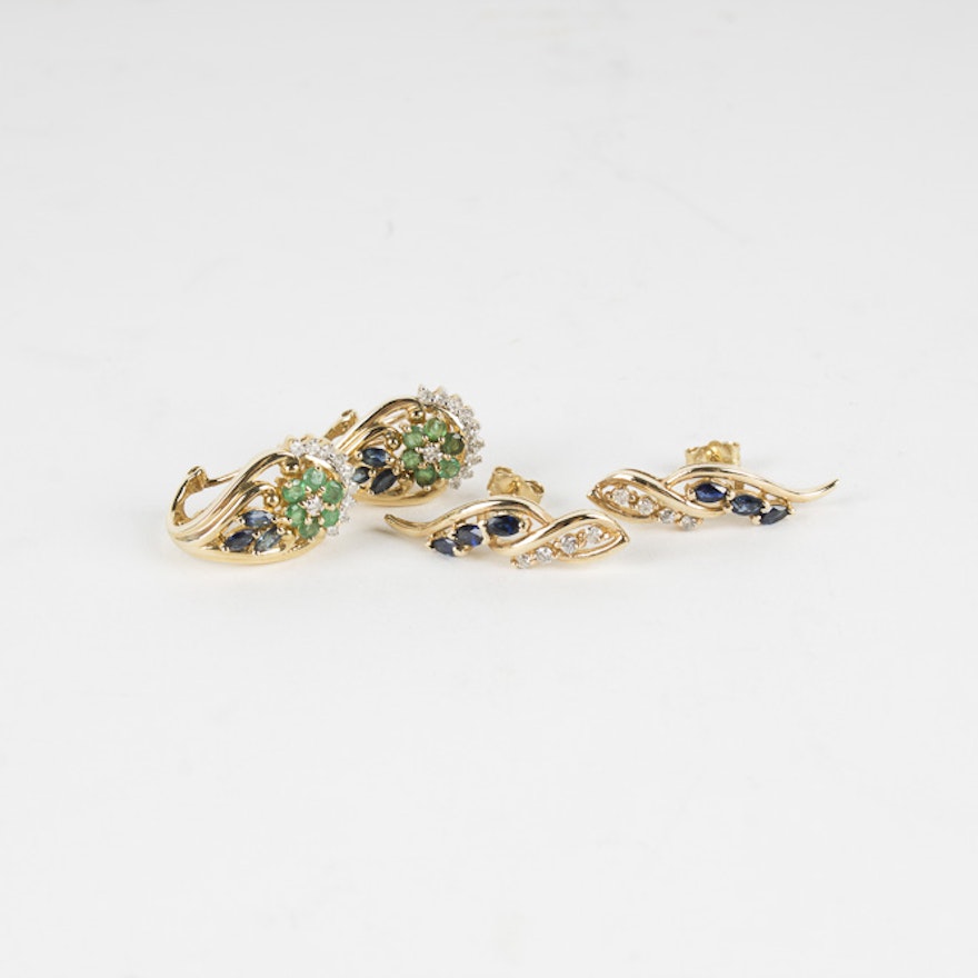 Pair of 14K Yellow Gold Diamond, Sapphire, and Emerald Earrings