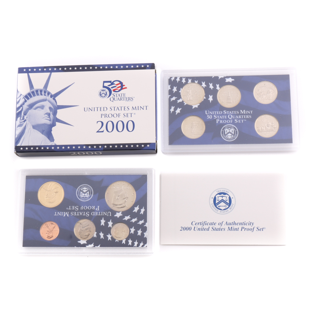 2000 U.S. Mint Proof Set and a 1999 Statehood Quarters Proof Set