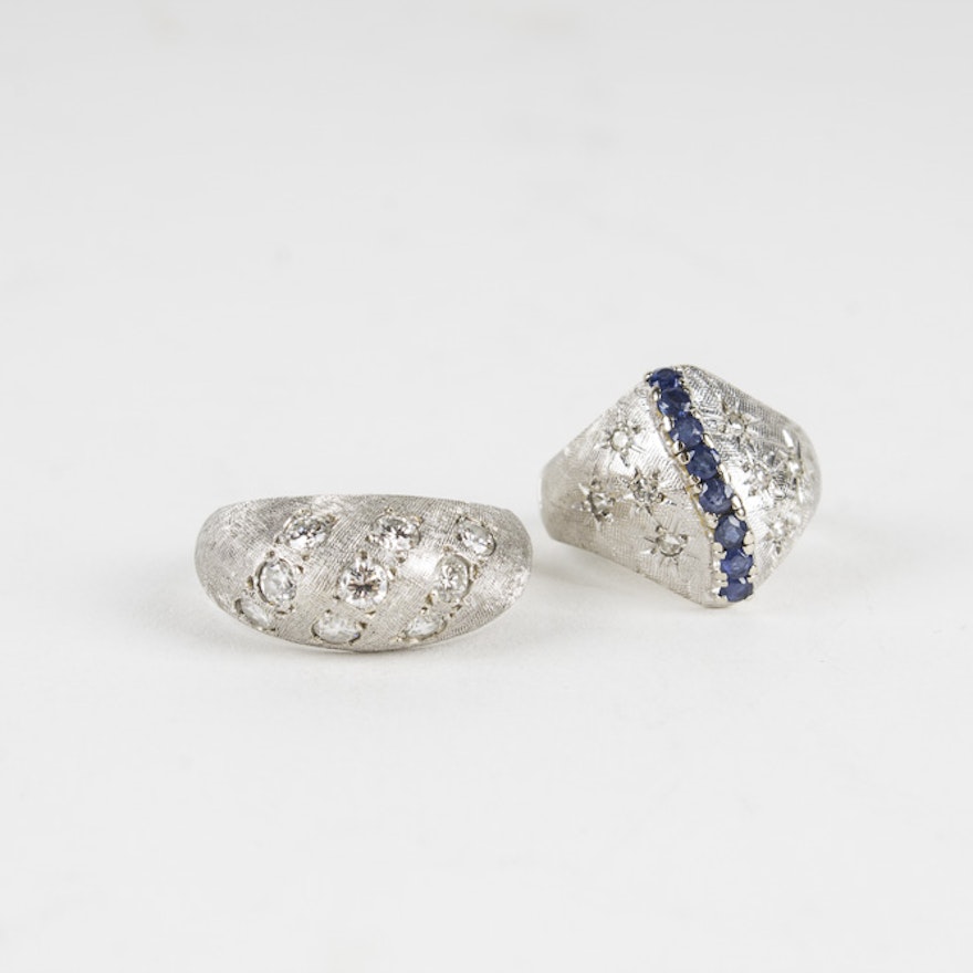 Pair of 14K White Gold Diamond Rings Including Sapphires