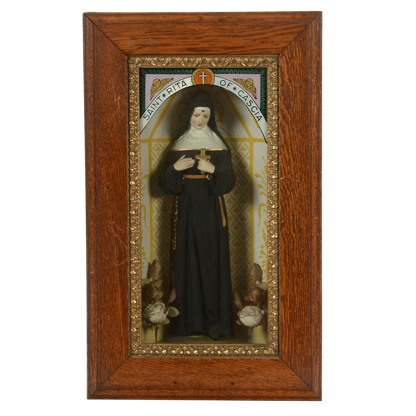 Antique Italian Folk Art Shadowbox Shrine for St. Rita of Cascia with Reverse Glass Painting