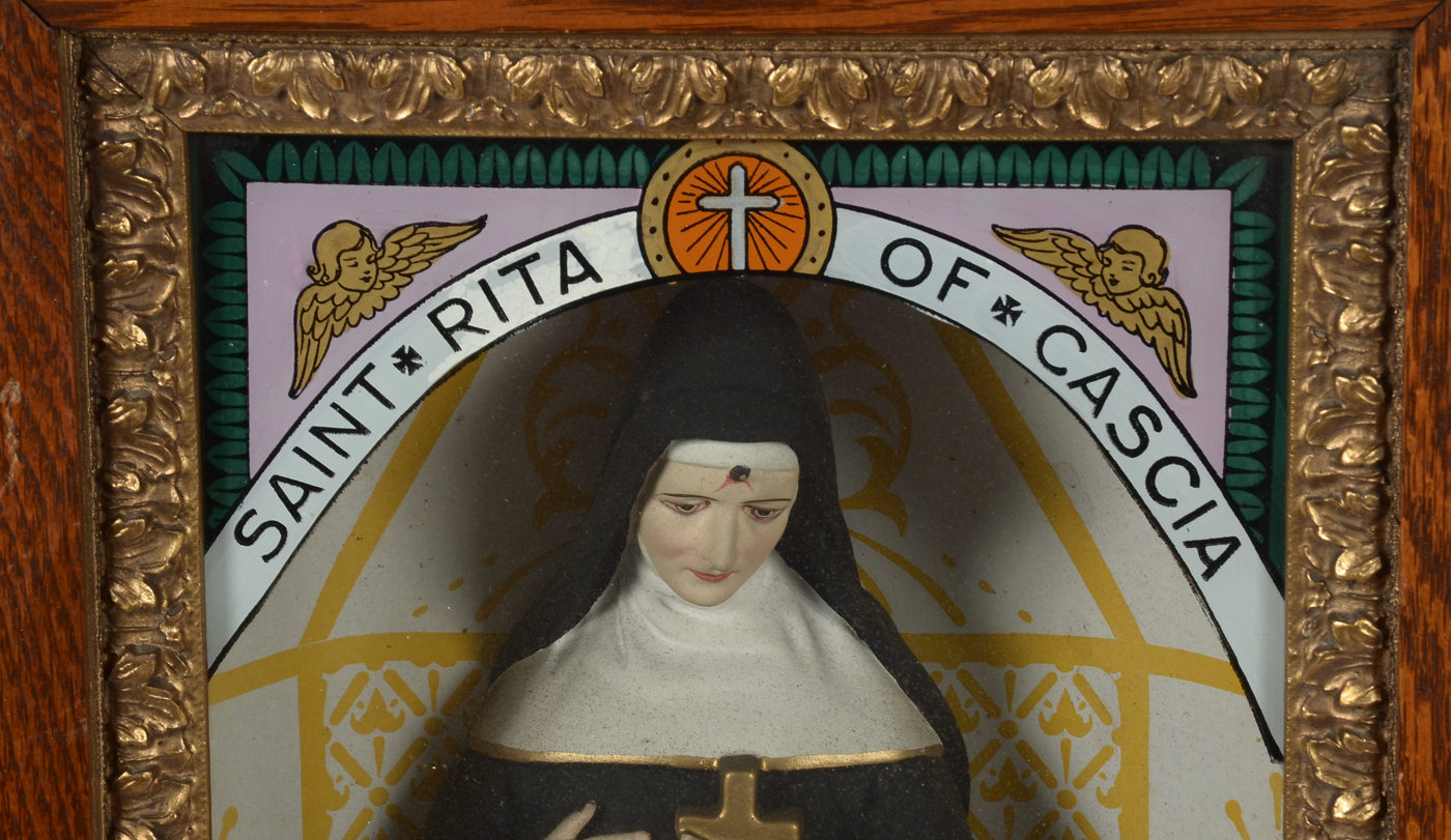 Antique Italian Folk Art Shadowbox Shrine for St. Rita of Cascia with Reverse Glass Painting