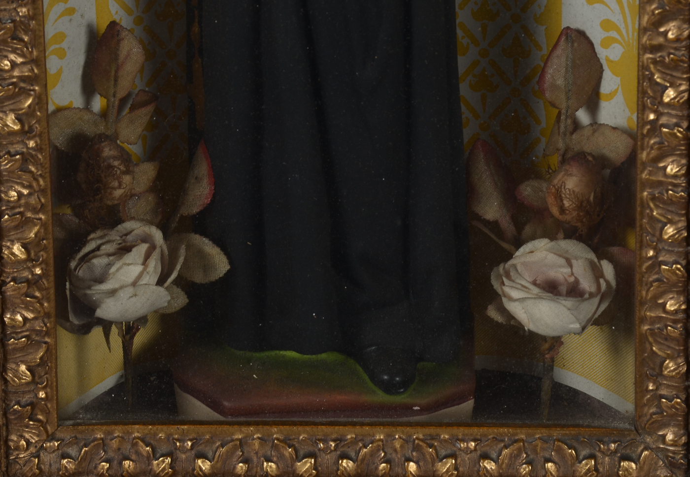 Antique Italian Folk Art Shadowbox Shrine for St. Rita of Cascia with Reverse Glass Painting