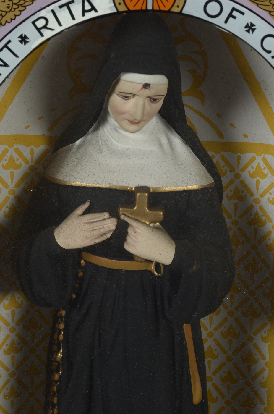 Antique Italian Folk Art Shadowbox Shrine for St. Rita of Cascia with Reverse Glass Painting