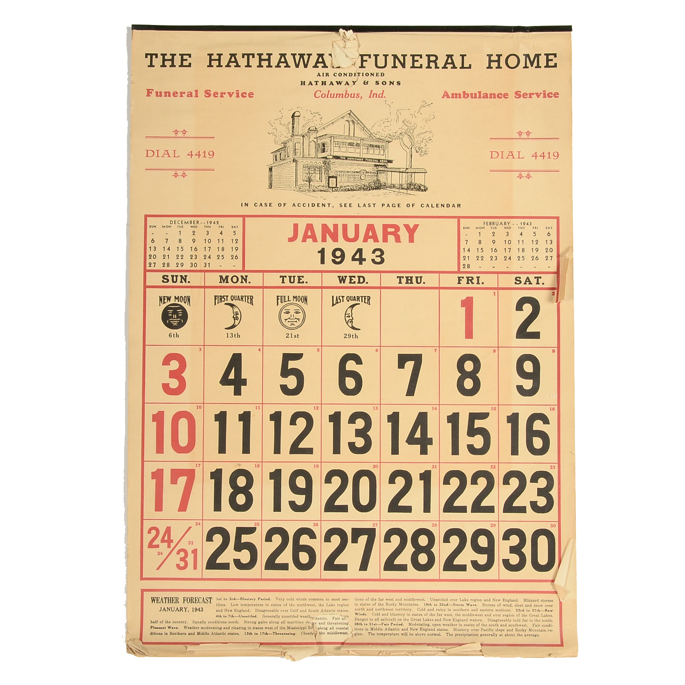 Original 1943 12-Month Calendar for Hathaway Funeral Home