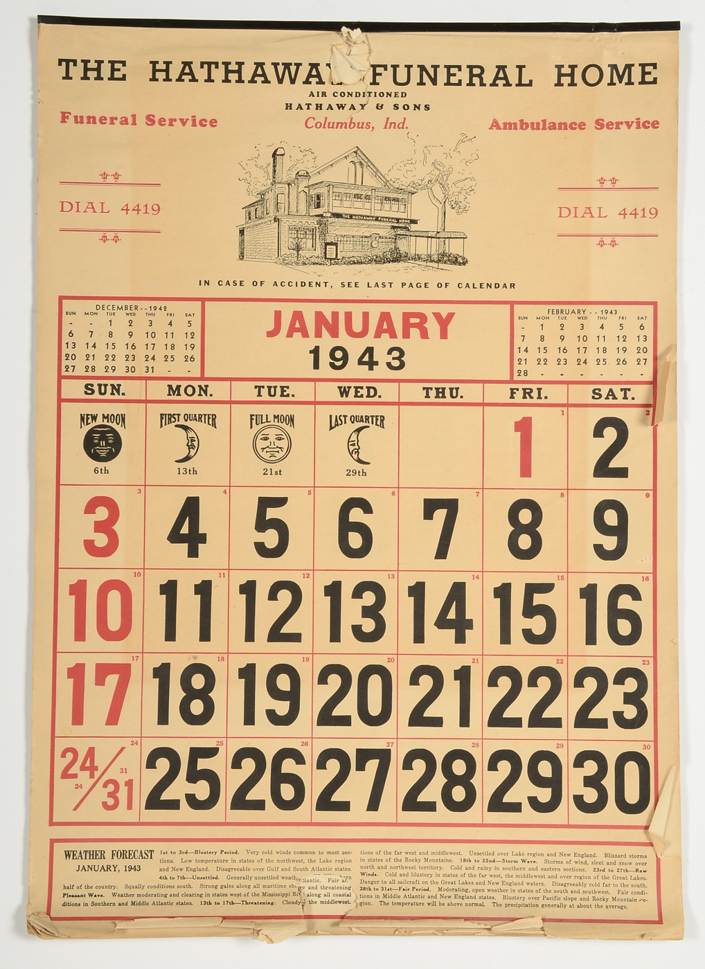 Original 1943 12-Month Calendar for Hathaway Funeral Home