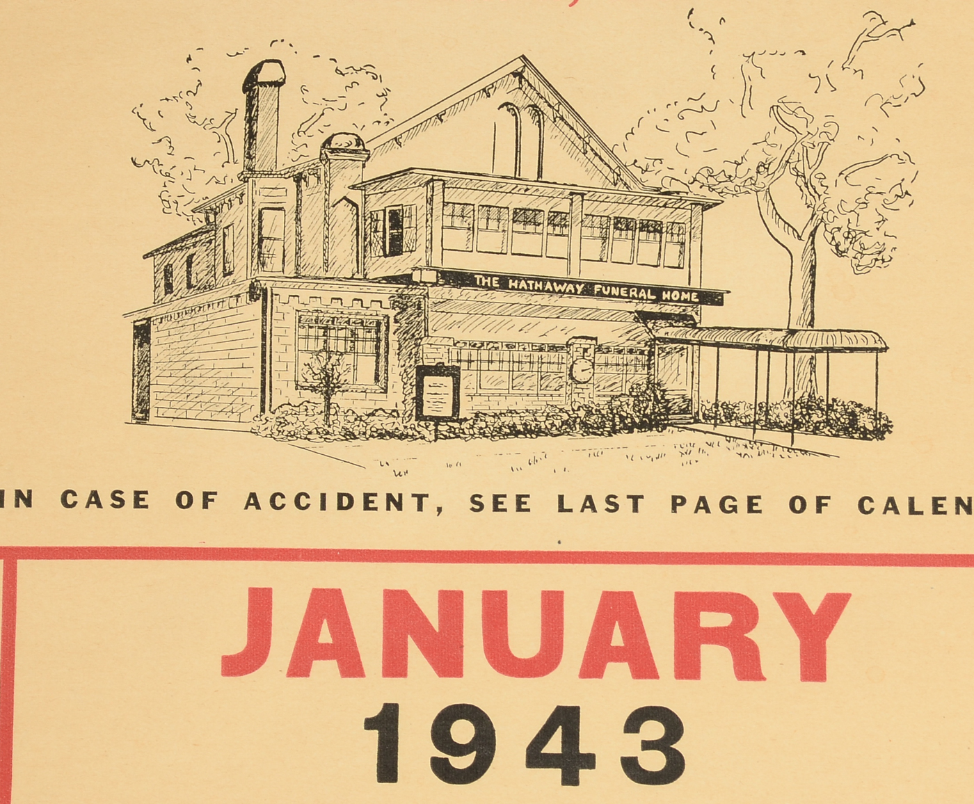 Original 1943 12-Month Calendar for Hathaway Funeral Home
