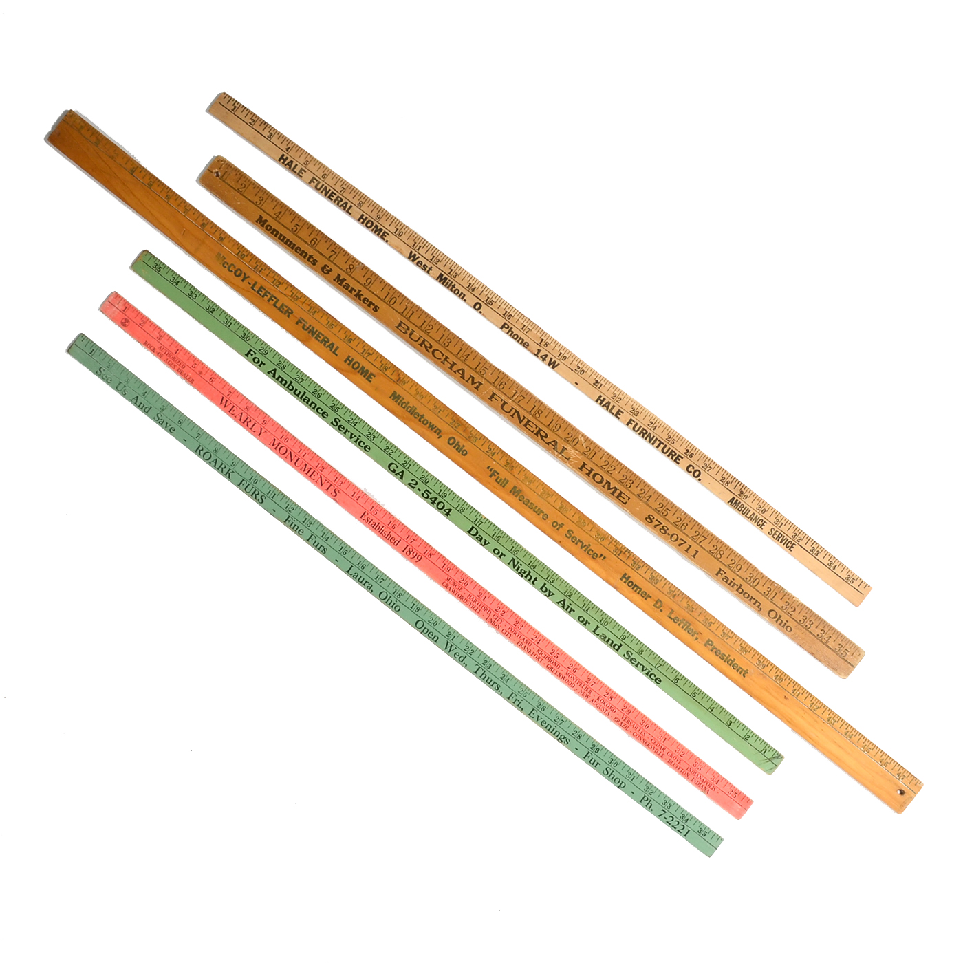 Six Vintage Promotional Wooden Rulers, Including Funeral Homes