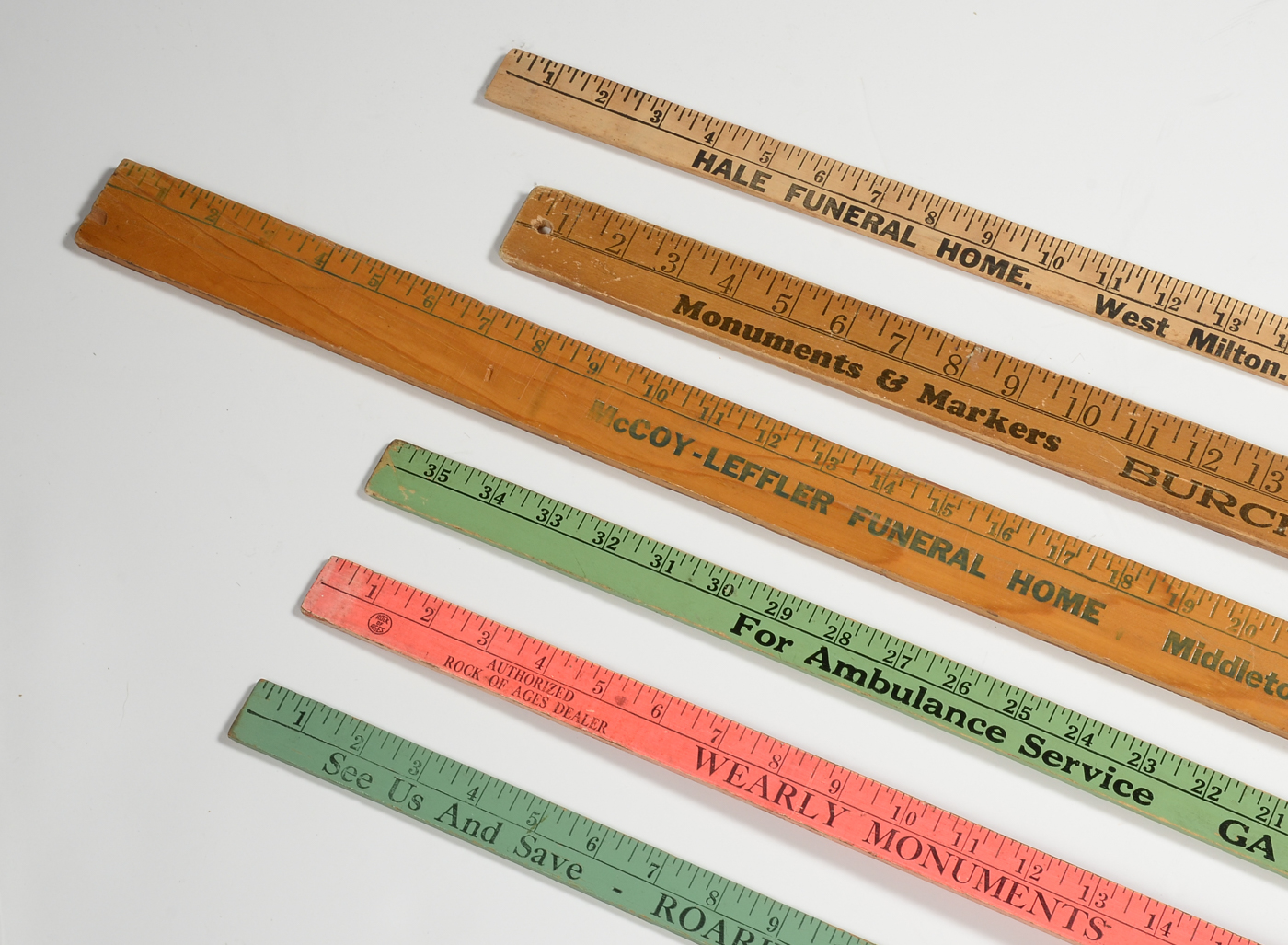 Six Vintage Promotional Wooden Rulers, Including Funeral Homes