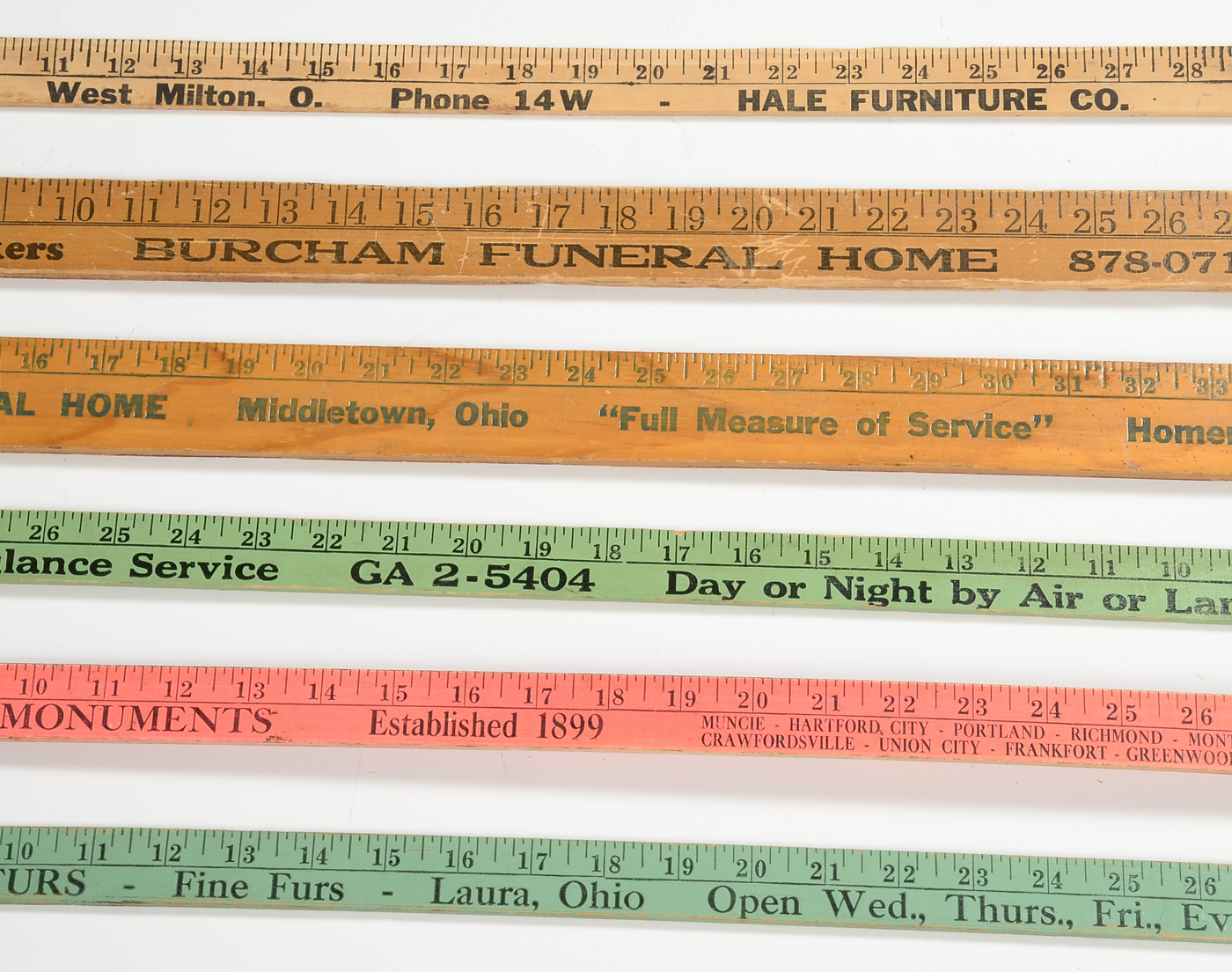 Six Vintage Promotional Wooden Rulers, Including Funeral Homes