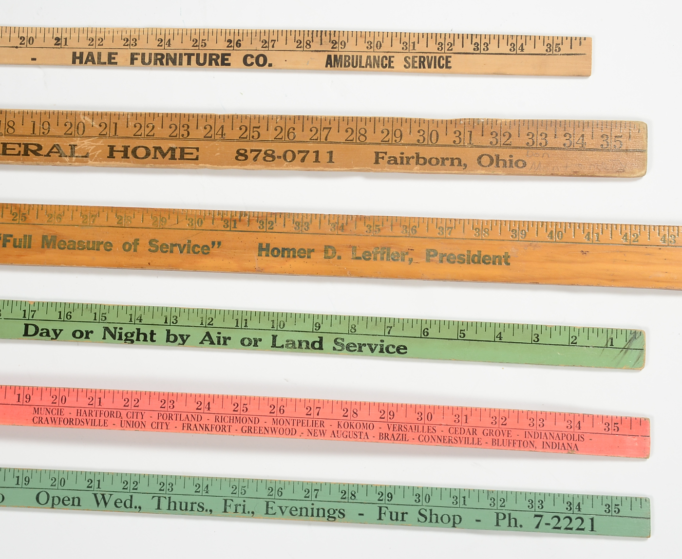 Six Vintage Promotional Wooden Rulers, Including Funeral Homes