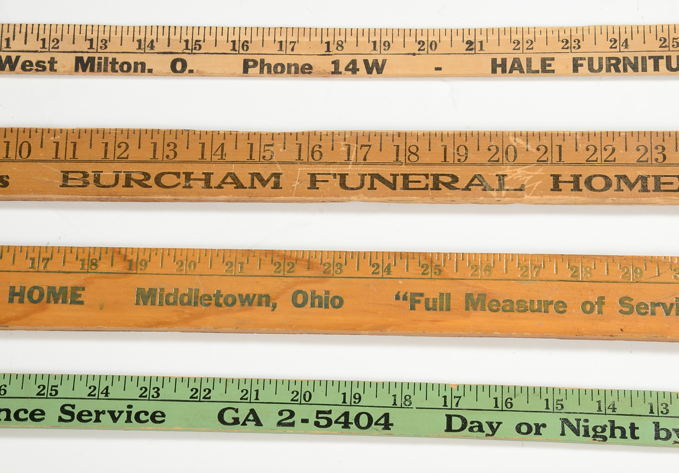 Six Vintage Promotional Wooden Rulers, Including Funeral Homes