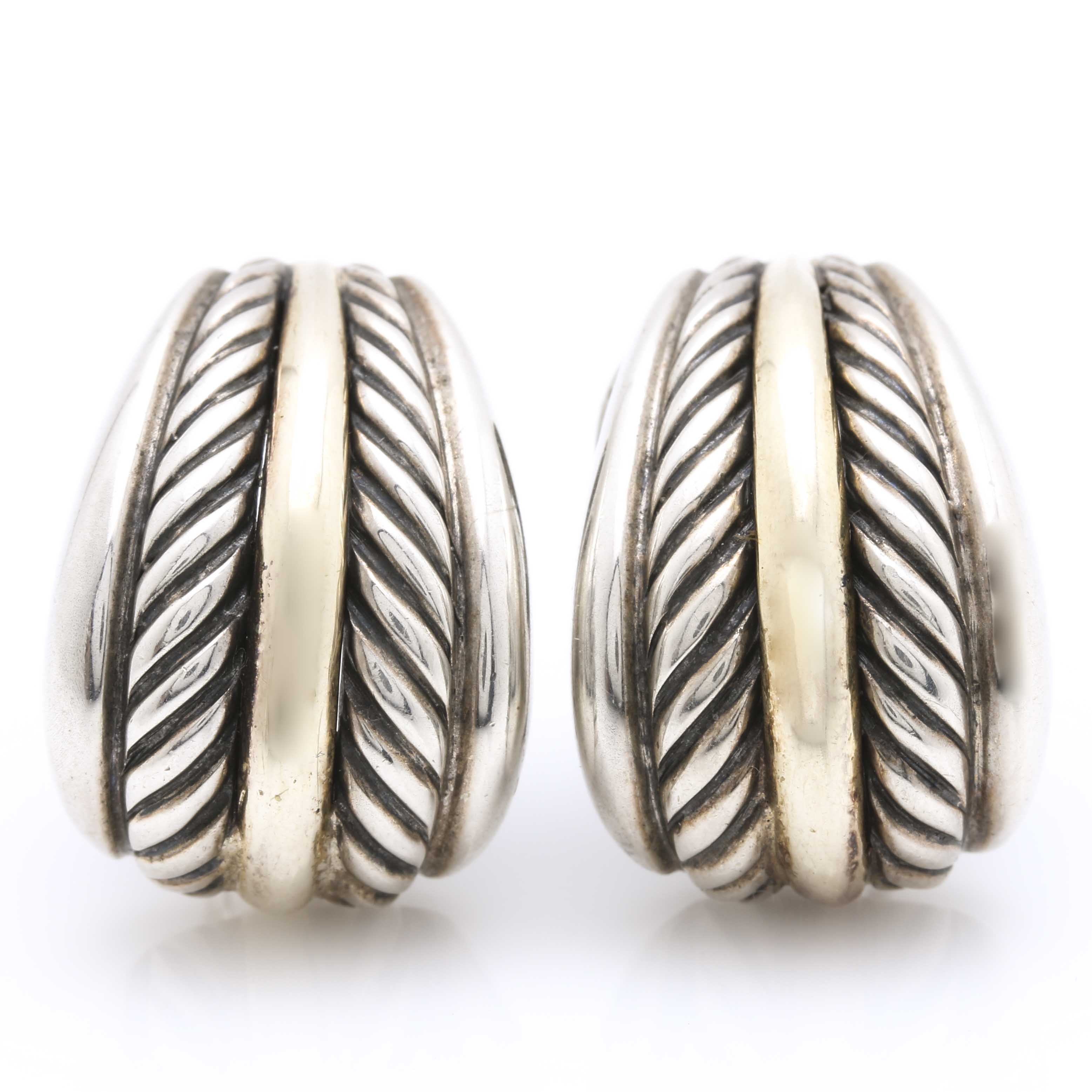 David Yurman Sterling SIlver and 18K Yellow Gold Cable Half Hoop Earrings