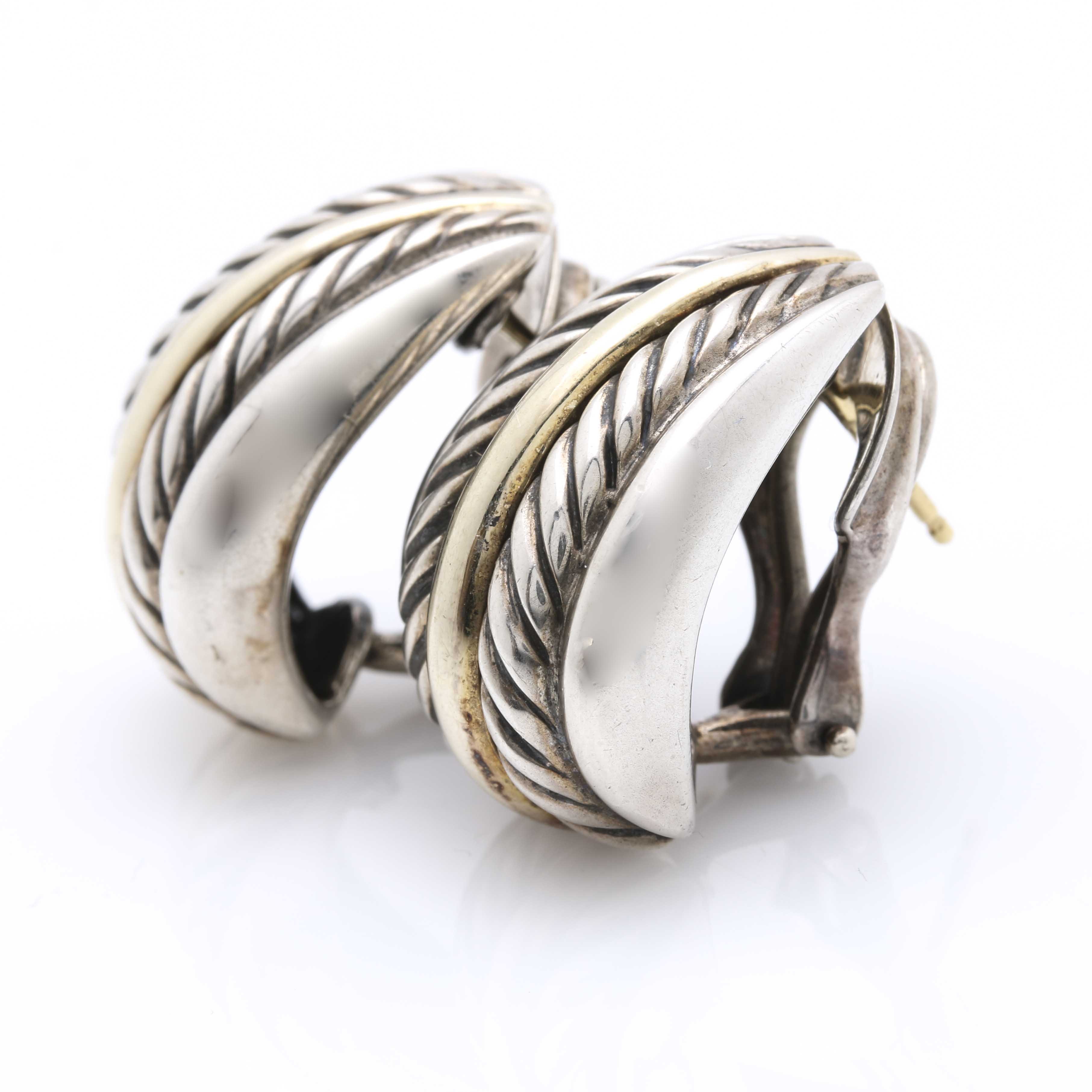 David Yurman Sterling SIlver and 18K Yellow Gold Cable Half Hoop Earrings