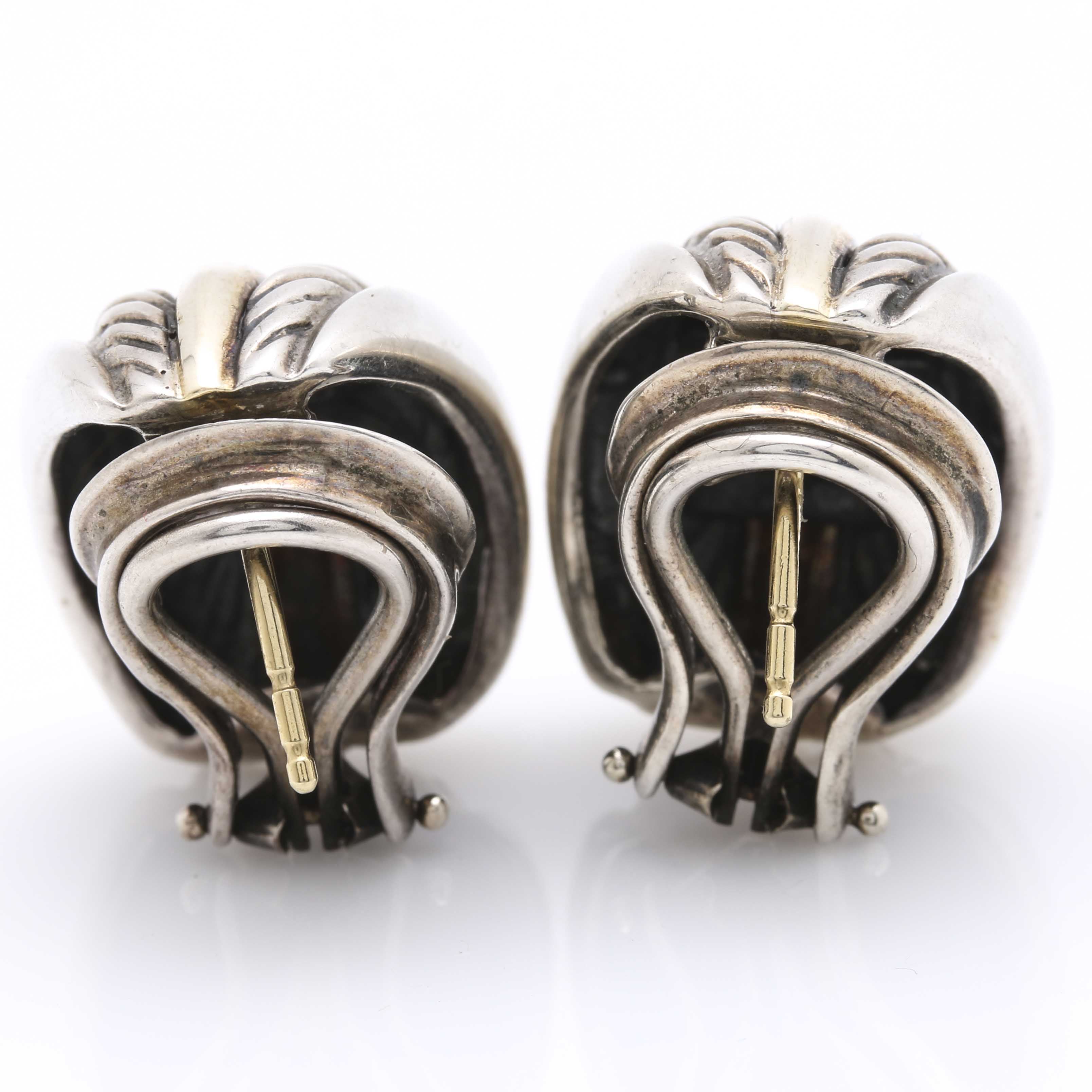 David Yurman Sterling SIlver and 18K Yellow Gold Cable Half Hoop Earrings