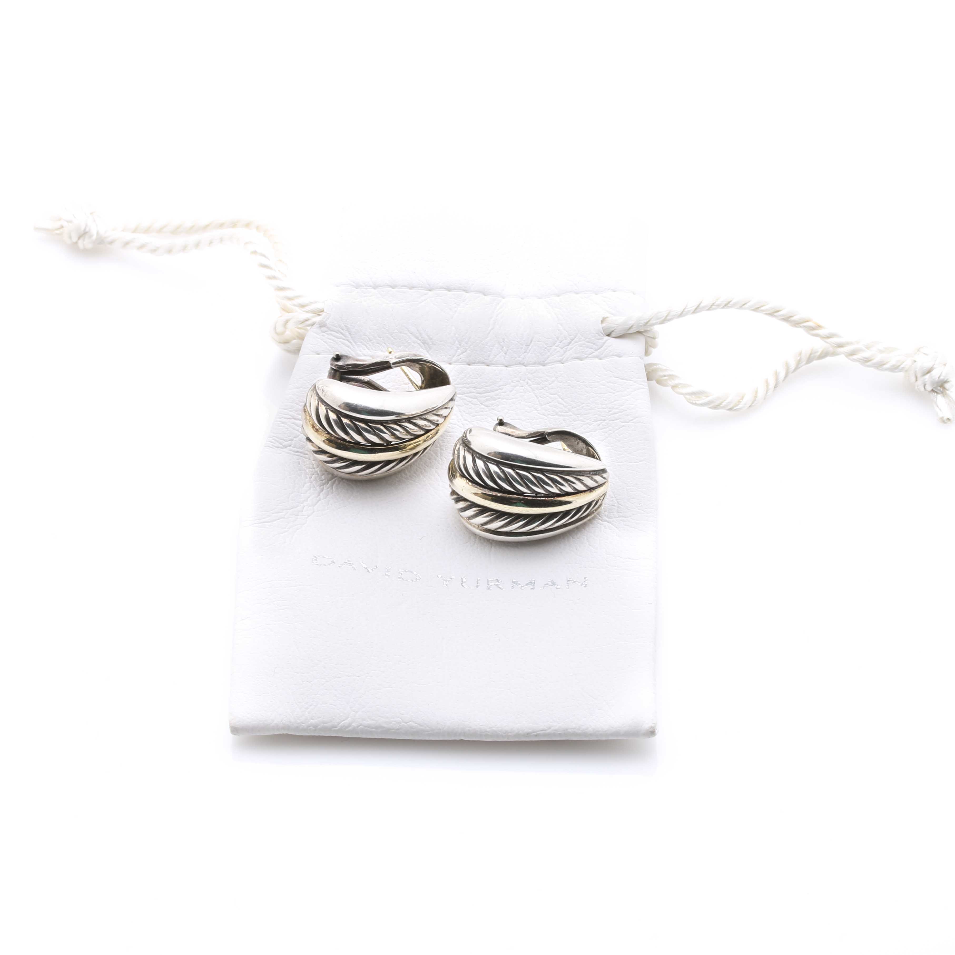 David Yurman Sterling SIlver and 18K Yellow Gold Cable Half Hoop Earrings