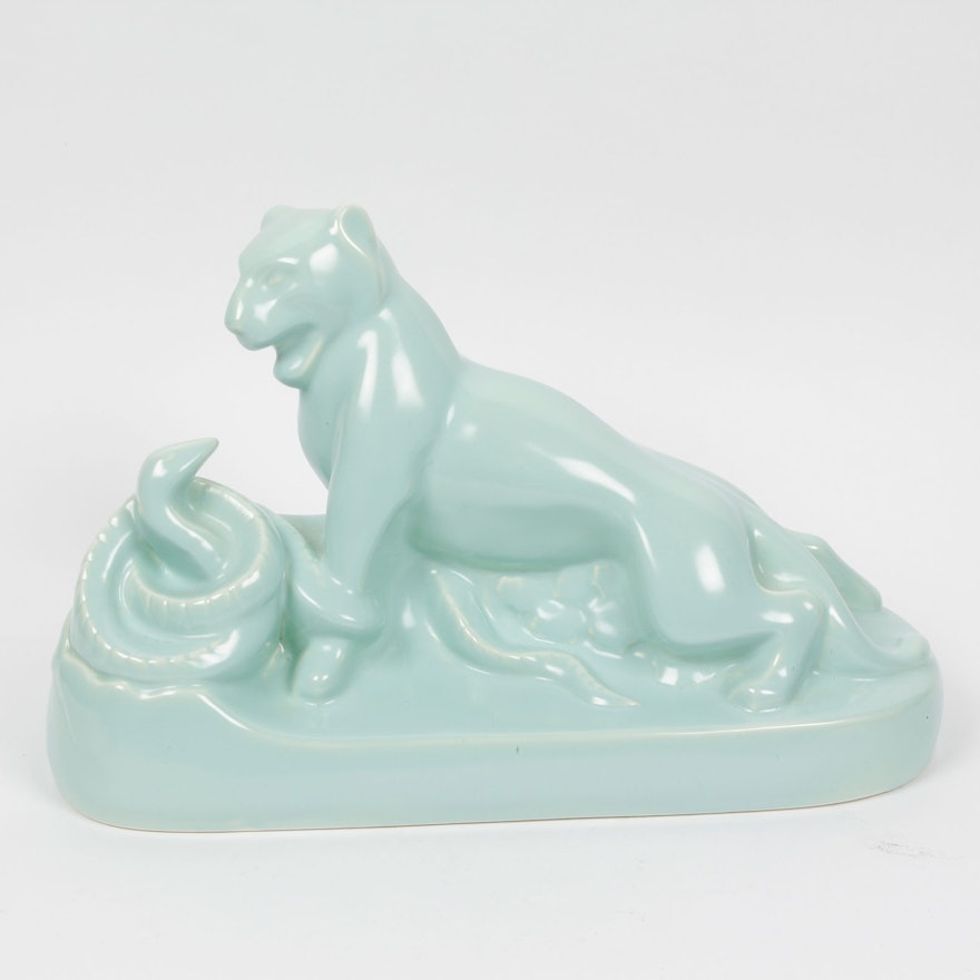 Ceramic Turquoise Tiger with Snake by Boch Freres