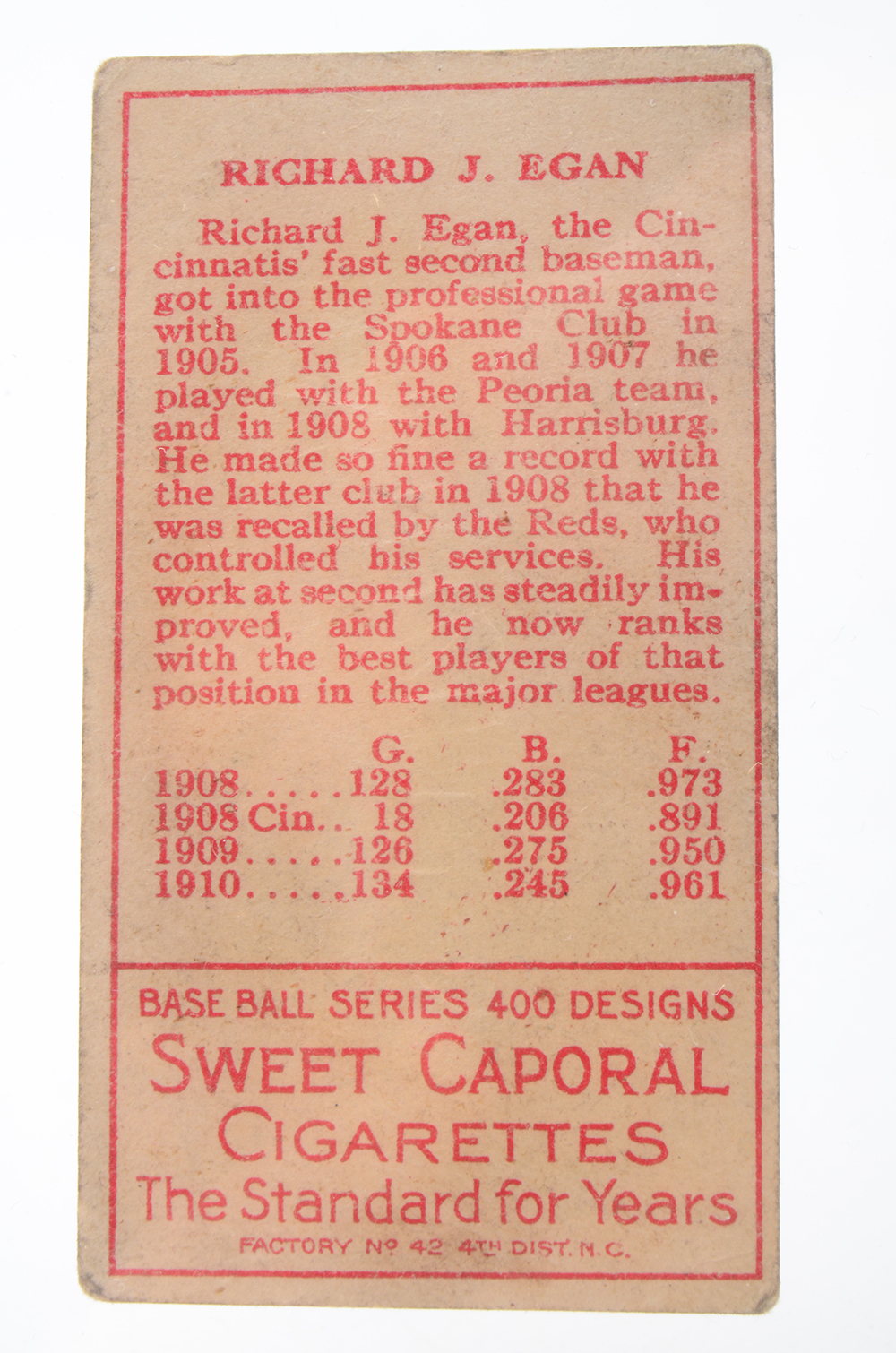 1910 Richard Egan Cincinnati Reds Tobacco Baseball Card