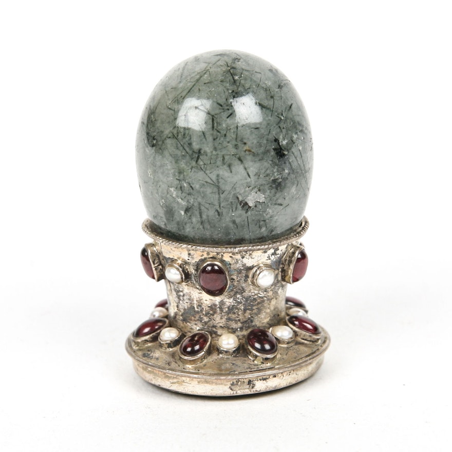 Rutilated Quartz Seal with Garnets and Pearls