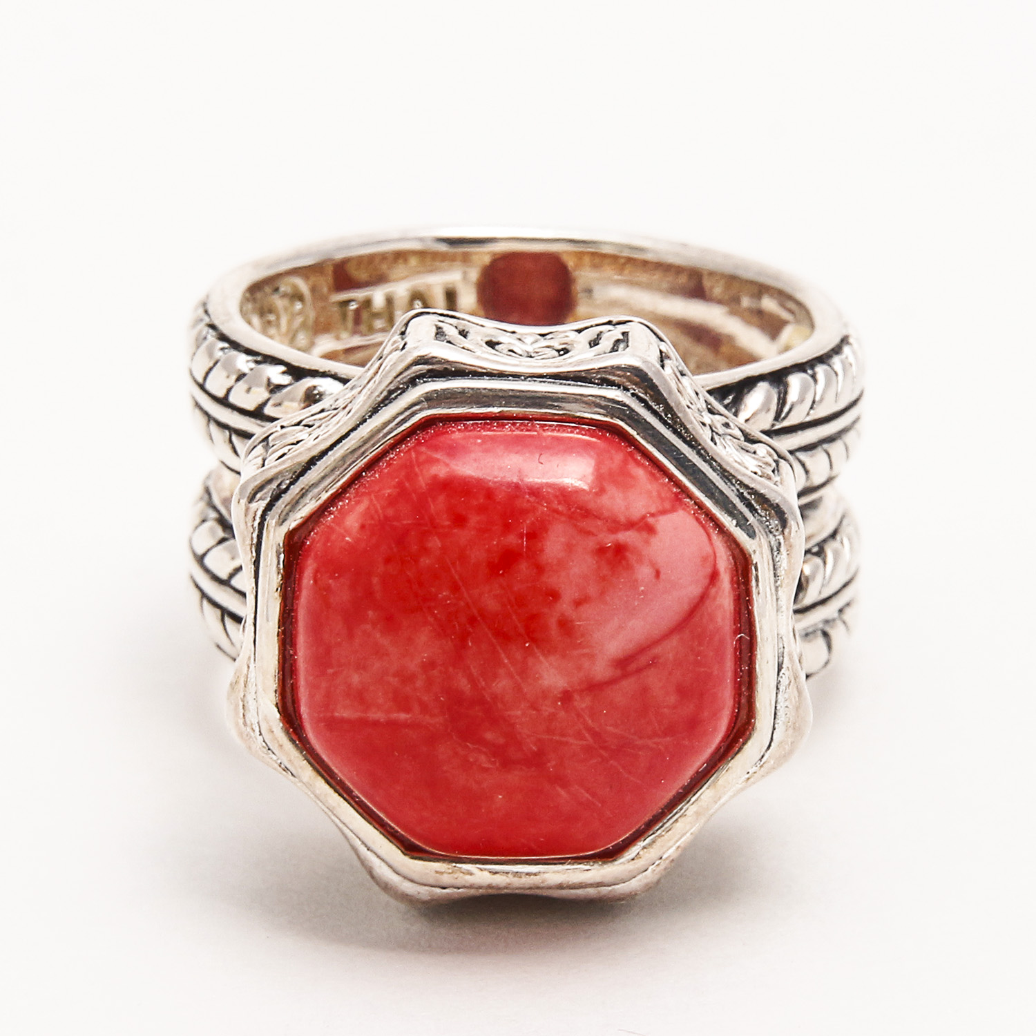Set of Three Rings by Barse including Mother of Pearl, Carnelian, and Coral